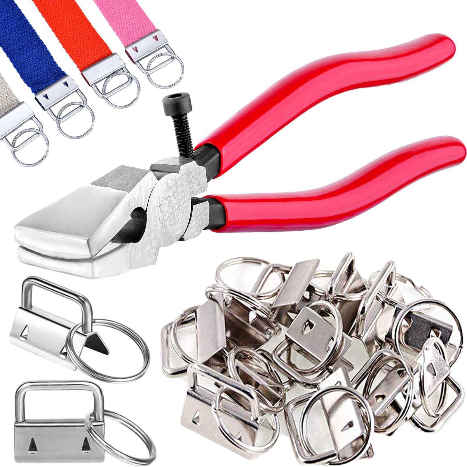 Key Fob Hardware Set, 50 Pieces, 1 Inch, with Installation Pliers Tool, for Wristlet Keychain, Key Lanyard and Key Chain Making Hardware Supplies