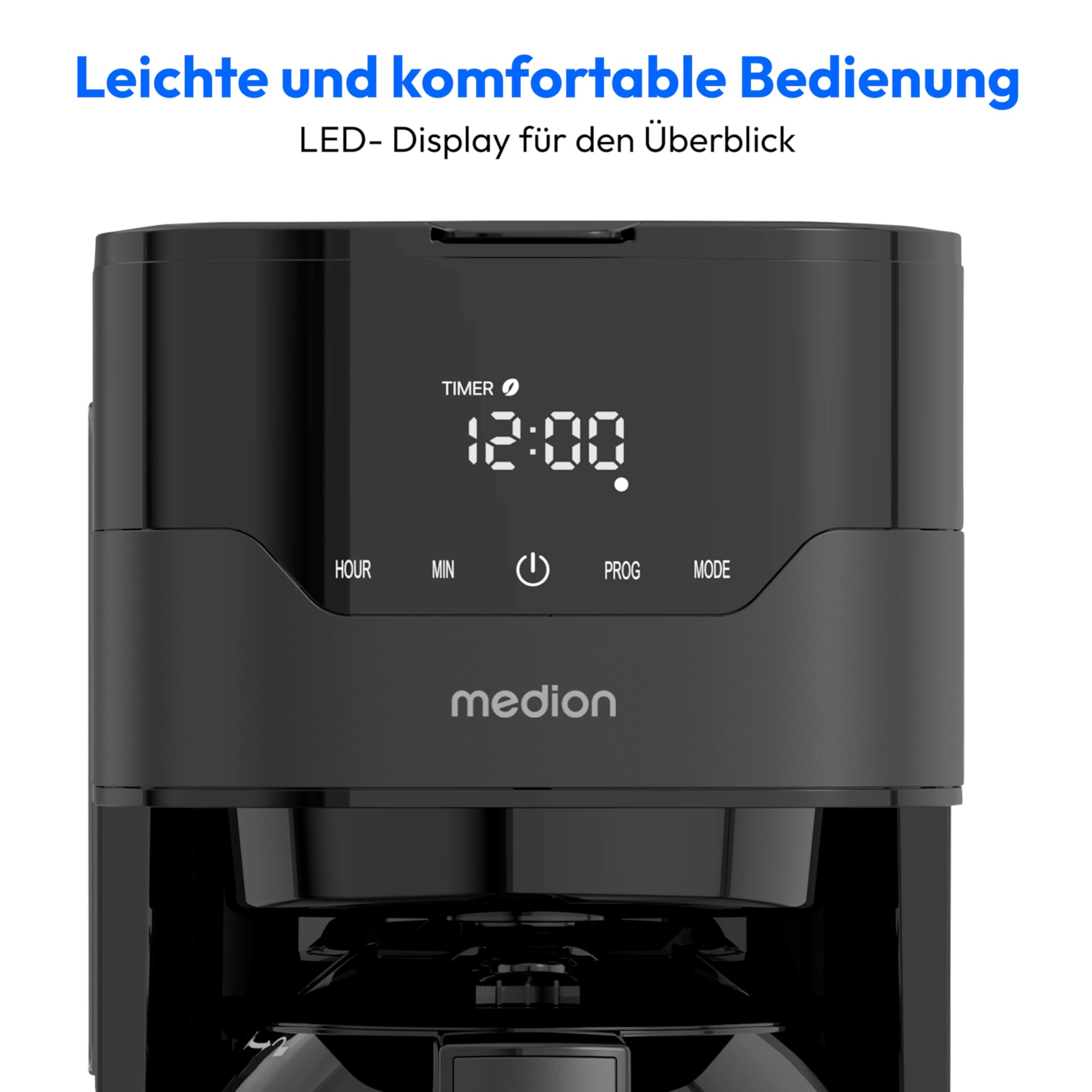 MEDION Kaffeemaschine mit Thermoskanne und Timer (Filtermaschine, 8 Tassen, 1,2 Liter, 900 Watt, 3 Stufen, Warmhaltefunktion, Timer Zeitschaltuhr, Antitropf, Display, MD18458) matt schwarz