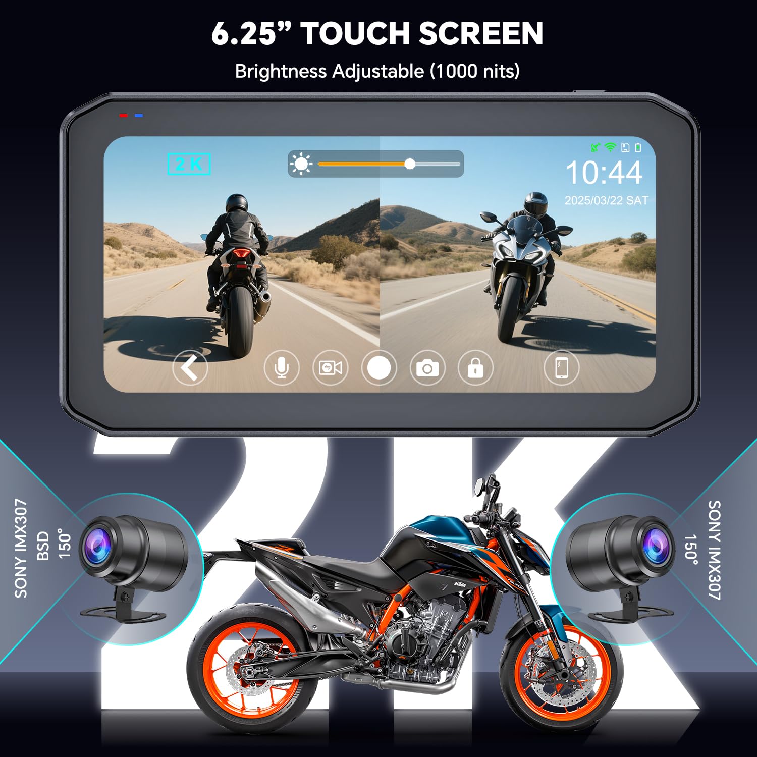 CarPlay Moto Android Auto avec Camera Étanche, 2K Dashcam Moto Avant et Arrière, Écran Tactile 6.25" avec GPS, TPMS, Télécommande, Carte TF 64 Go