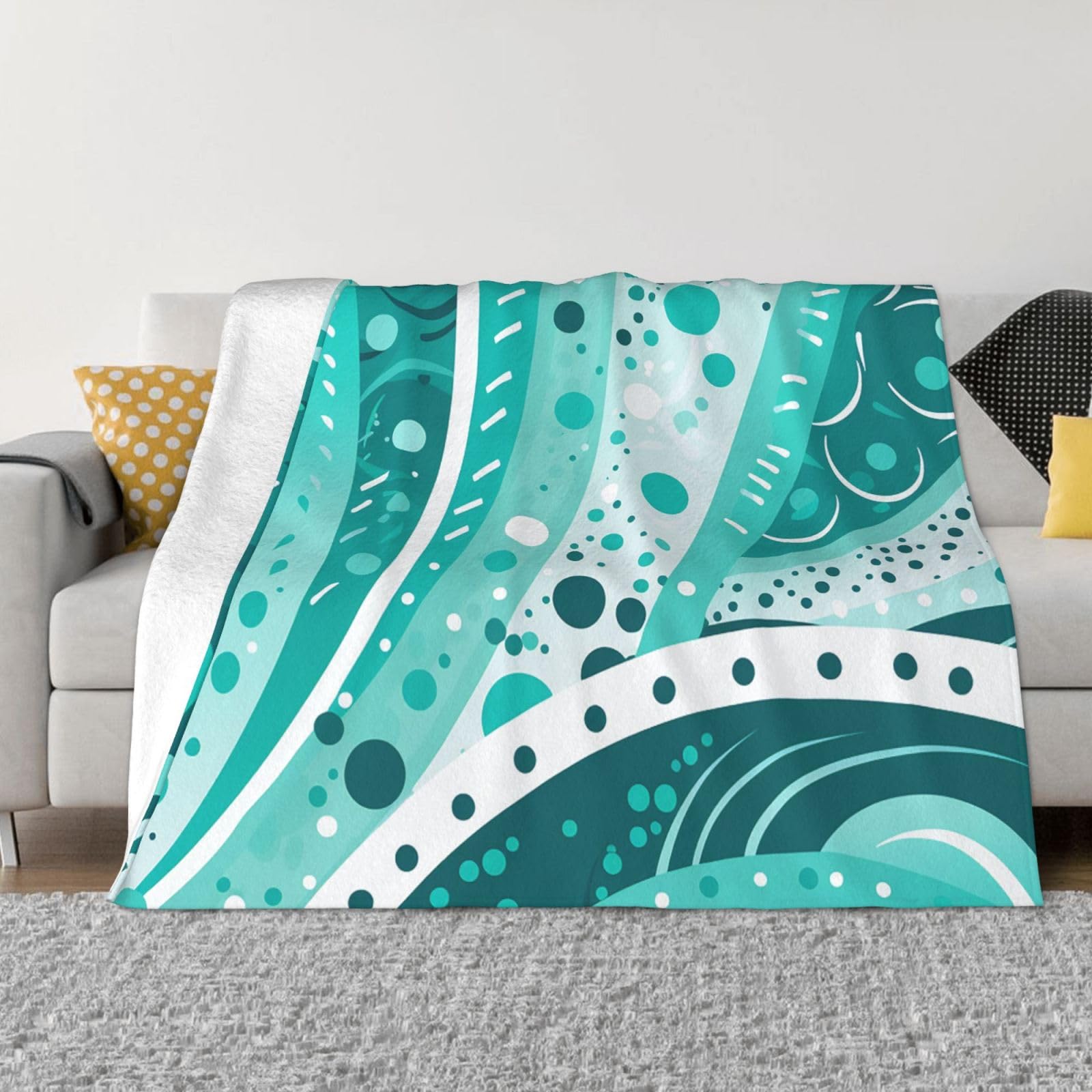 Turquoise and white circle Throw Blanket 50"x40" Flannel Fluffy Warm Blanket for Couch, Reversible Plush Blankets for Bed, Comfy Fuzzy Blanket for Sofa, Plush Lightweight-Blankets for All Season