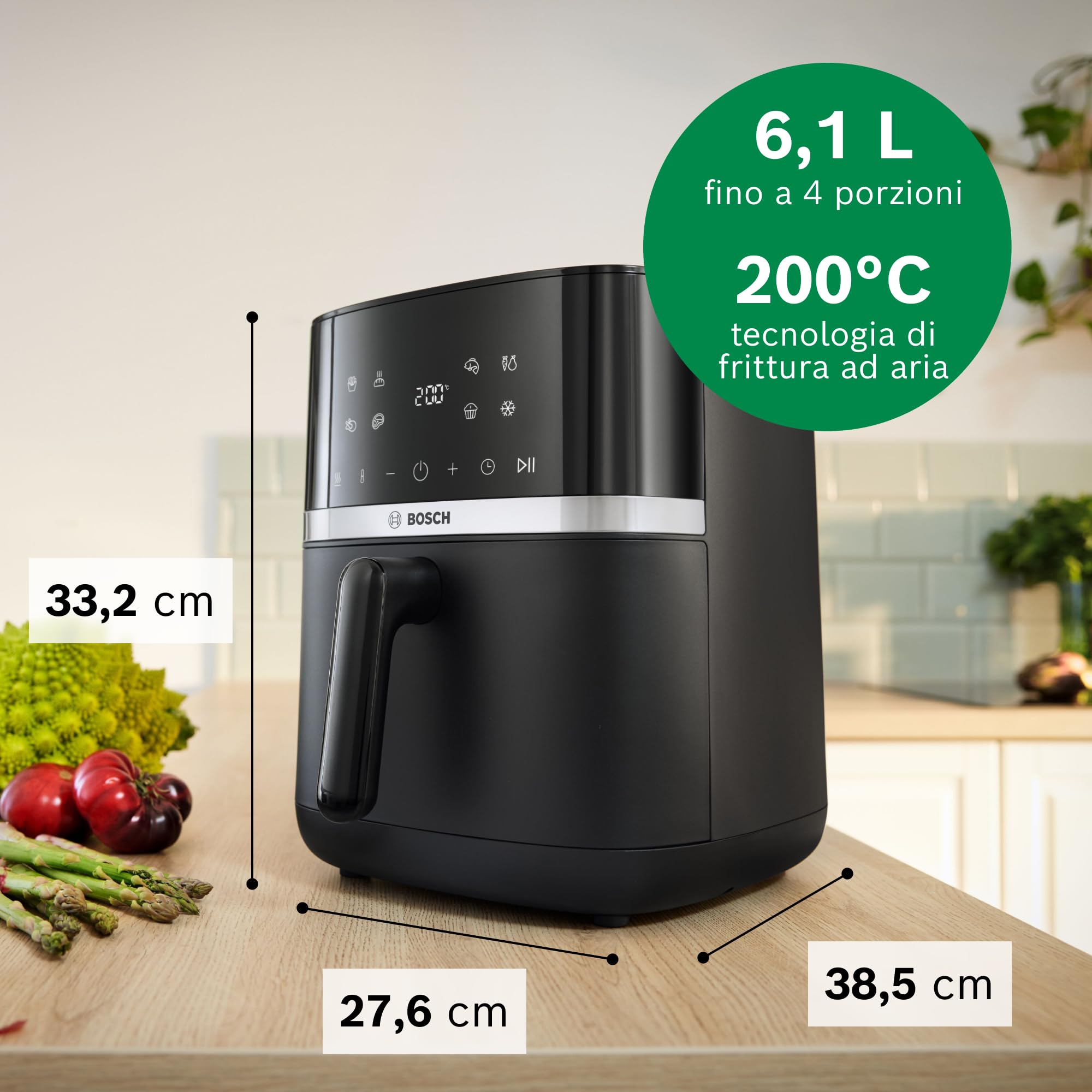Bosch Serie 4 Friggitrice ad Aria MAF462B0, Air Fryer 6,1 L, 7 Programmi, Doppia Resistenza, Funzioni Defrost e Mantenimento in Caldo, Touchscreen, Cottura fino al 60%* Più Veloce, Nero