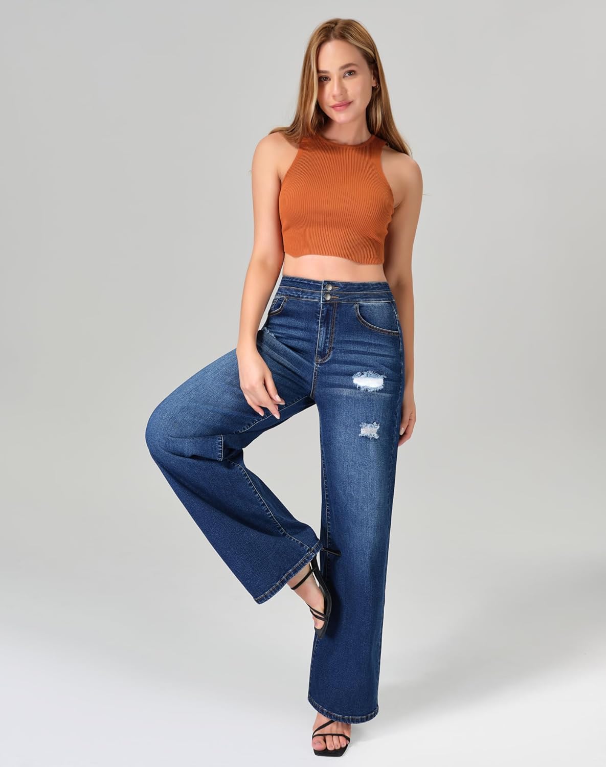 roswear Stretchy Loose Jeans for Women Wide Leg High Waisted Baggy Denim Distressed Pants - Image 8