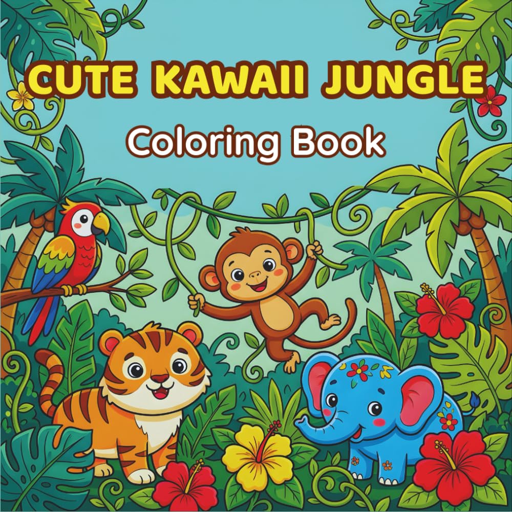 Cute Kawaii Jungle Coloring Book: Bold & Easy Cute Jungle Animals Sweet Kawaii Coloring Pages for Kids, Teens & Adults