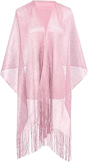 Women Fringe Tassel Mesh Sheer Shiny Summer Beach Cover Ups Kimono Loose Cardigan Capes Tops Swimsuit Coverups