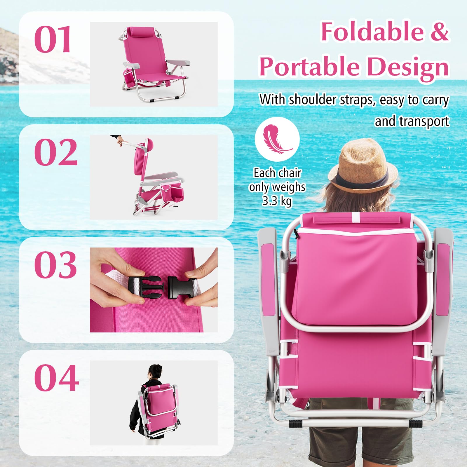 KOMFOTTEU Sedia da Spiaggia Pieghevole, Spiaggina con Schienale Regolabile in 5 Posizioni, Sdraio Mare con Poggiatesta, Lettino Prendisole con Tasca Laterale, Carico 150 kg，Rosa：1