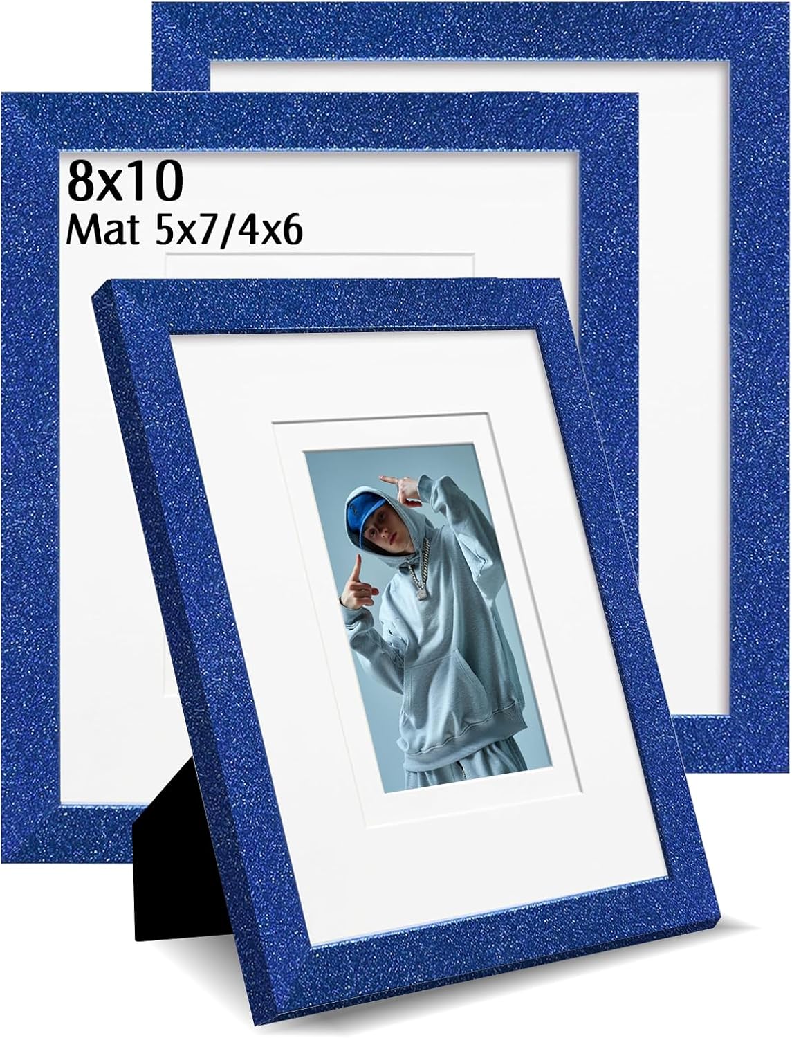 8x10 Picture Frame with 5x7 ＆ 4x6 Mat, Glitter Frame with Real Glass and Solid Wood, Sparkle Photo Frame for Tabletop or Wall Mount, Horizontal or Vertical Display(Royal Blue)