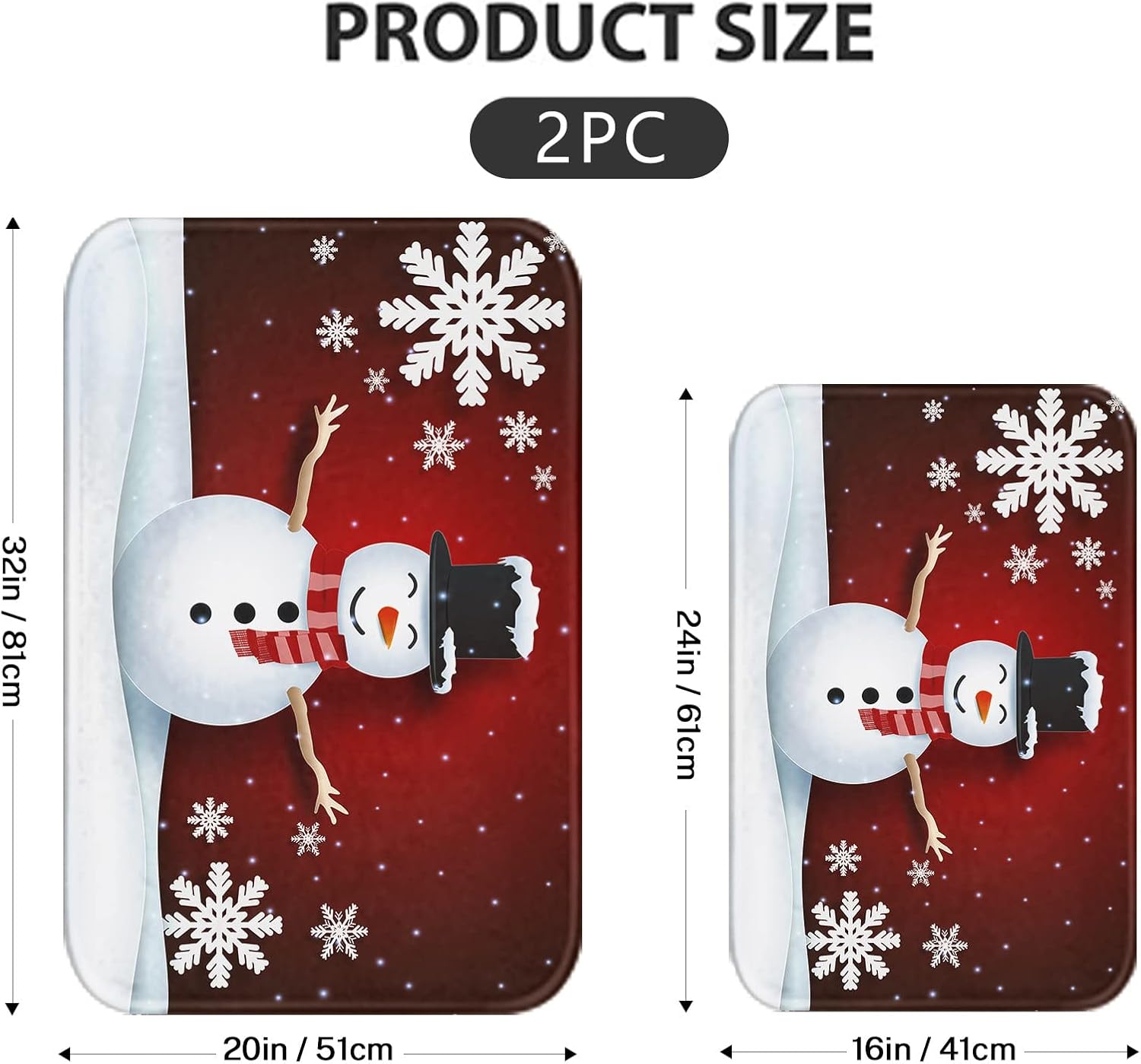 Britimes Christmas Red Bathroom Rug Mat Set of 2, Happy Snowman Washable Cover Floor Rug Carpets Floor Bath Mat Bathroom Decorations 16x24 and 20x32 Inches