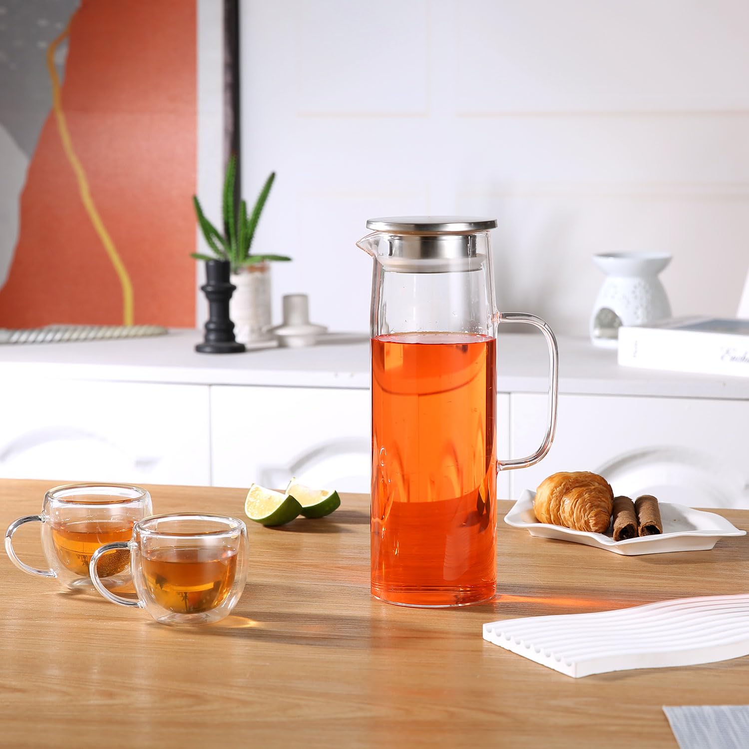 Jarra de vidrio resistente al calor con tapa y boquilla, jarra de té helado de vidrio para nevera, jarra de agua de vidrio y jarra de 1500 ml