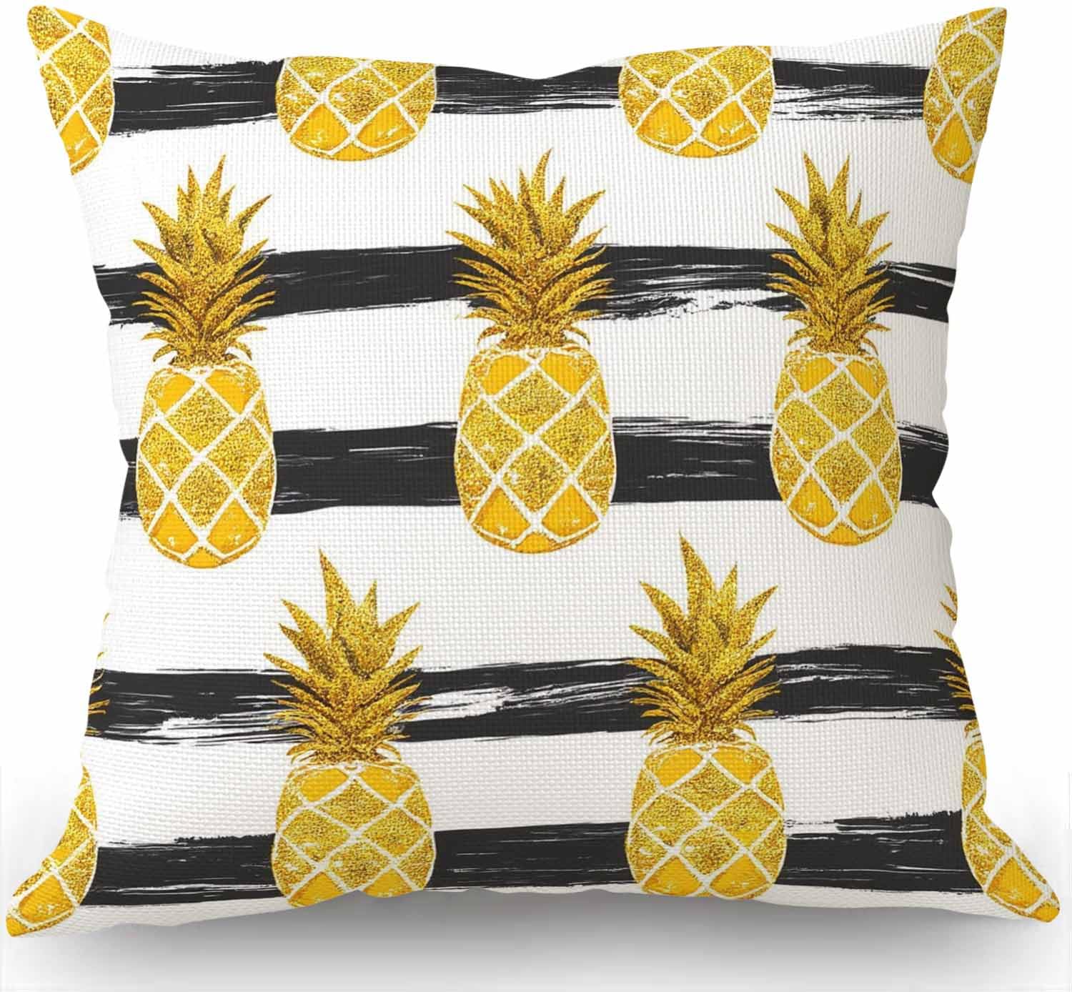Swono Gold Pineapple Fruit Striped Throw Pillow Cover Cushion Case for Home Decor Sofa Couch 18" x 18" Inch Cotton Linen Farmhouse Decorations