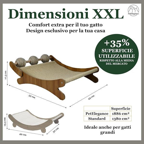 PetElegance -Tiragraffi per Gatti XXL - 3 in 1 con Palline Gioco - MDF e Sisal Naturale β Tiragraffi per Gatti Adulti Grandi, Centro Gioco e Relax - Design Elegante - 3