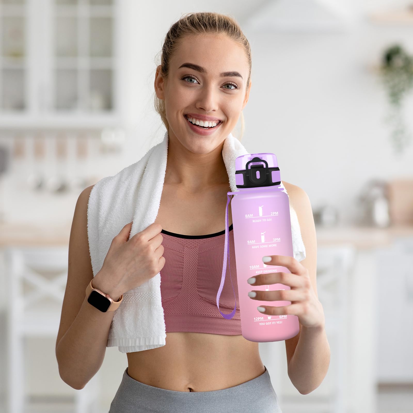 Trinkflasche 1.5l, Wasserflasche Sport, Trinkflasche Erwachsene, Wasserflasche Auslaufsicher, mit Zeitmarkierung und Filter, Leicht zu Reinigen, für Fitness, Fahhrad, Büro, Gym, Camping, Running Sport & Freizeit