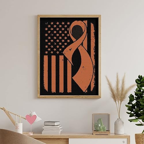 Miniatura 5 de Cinta de concientización sobre la leucemia con bandera estadounidense 5D, pintura artística de diamante redondo completo, pintura bordada, cuadros
