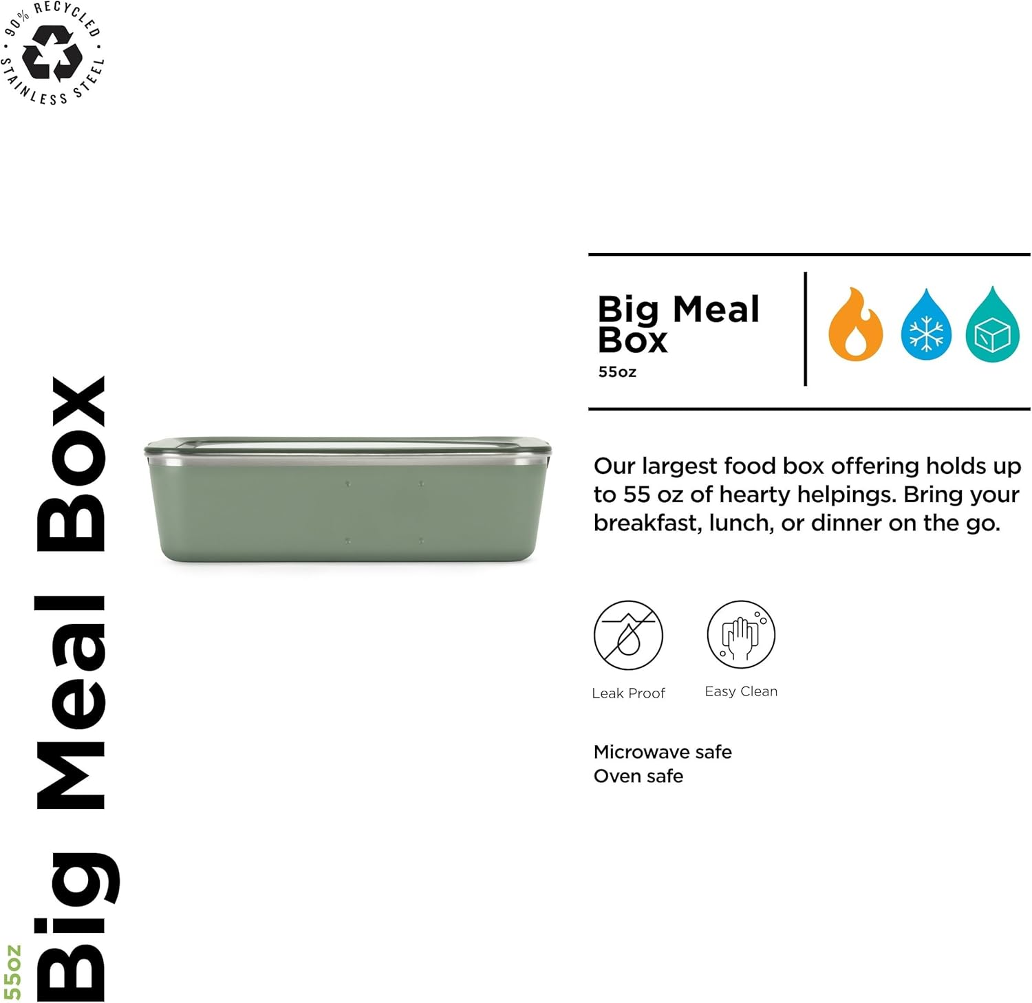 Klean Kanteen Rise Food Box - Big Meal - Reusable, Durable Food Container for Lunch & Meal Prep - 18/8 Stainless Steel - Microwave, Oven & Dishwasher Safe - Sea Spray, 55 oz