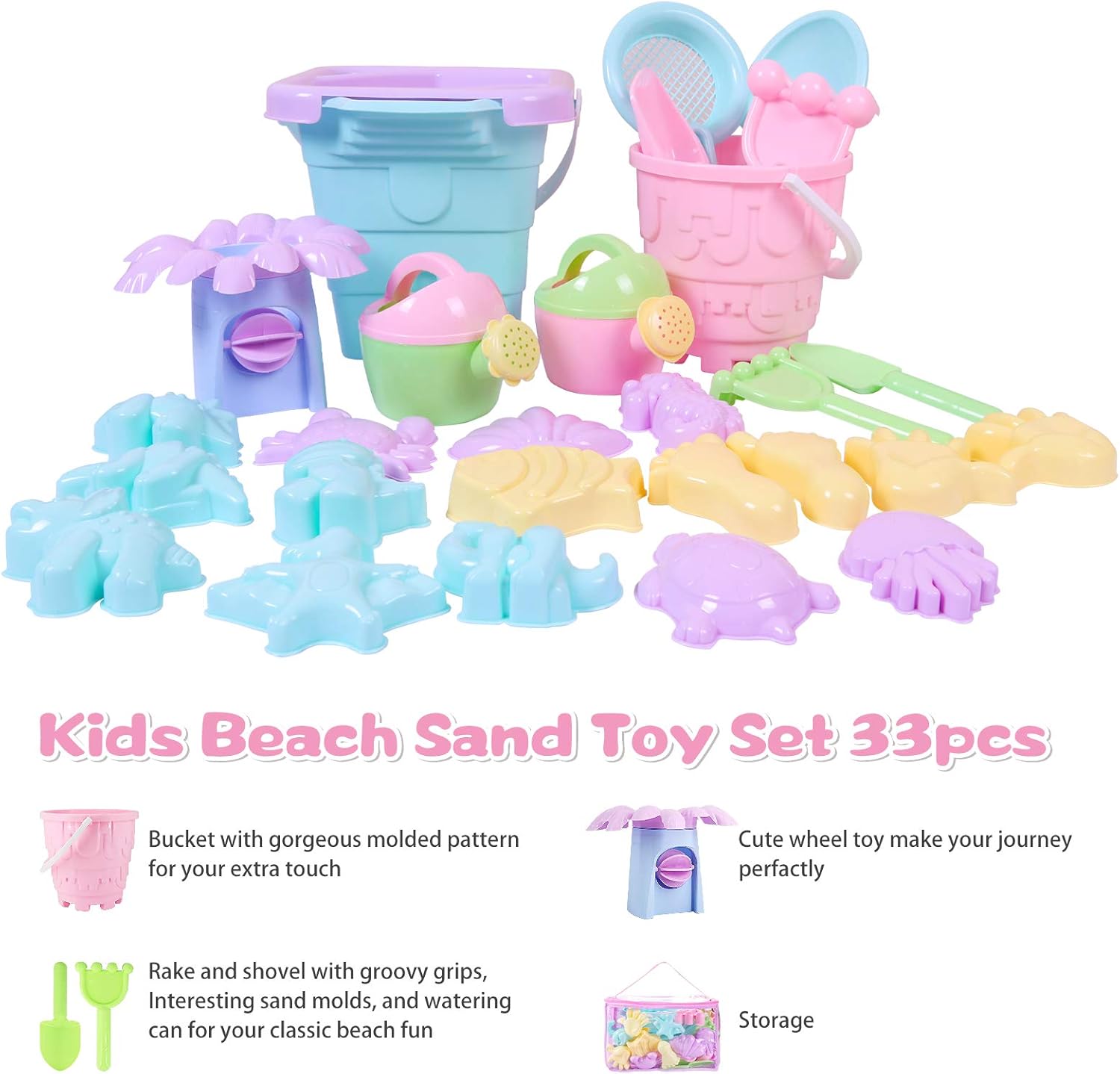 Beach Toys Kids Sand Toy Set,33 PCS Including Beach Bucket, Water Wheel, Watering Can, Shovel, Rake, Sea Animal Molds and Storage Bag, Eco-Friendly Sandbox for Toddlers Kids Outdoor Toys : Toys & Games
