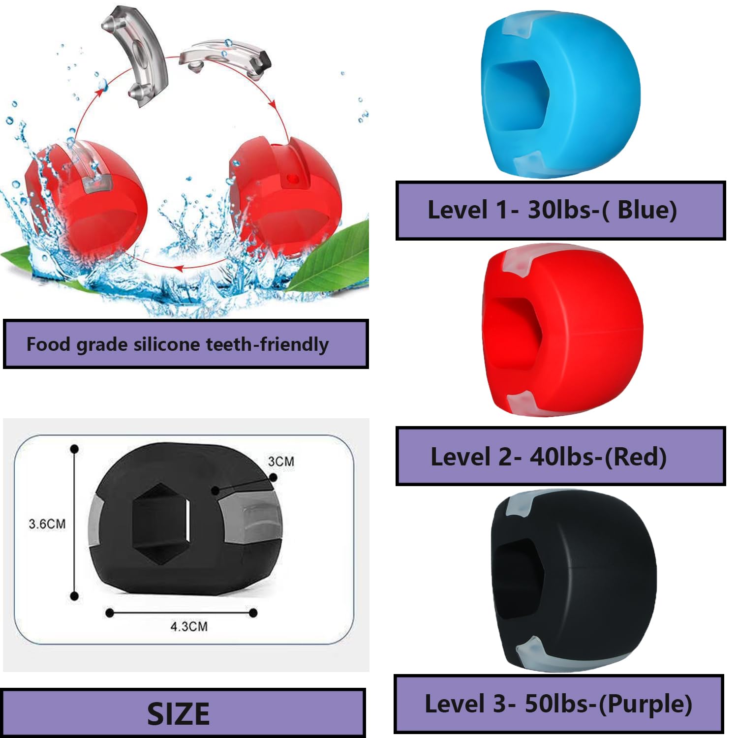 Jaw Exerciser Chew ,Face Exerciser for Jawline ,Jaw Exerciser for Sculpt Jawline ,Jawline Fitness Ball for Enhancing Chiseled Jawline 3 Pack Strengths Jaw Trainer (30lb+40lb+50lb)