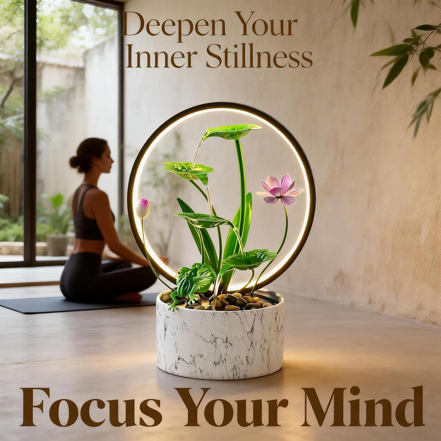 Qingyinge 15‘’H Green Small Water Fountain Indoor, Metal LED Light Relaxation Tabletop Fountain, for Meditation Yoga Spa Room Decor.