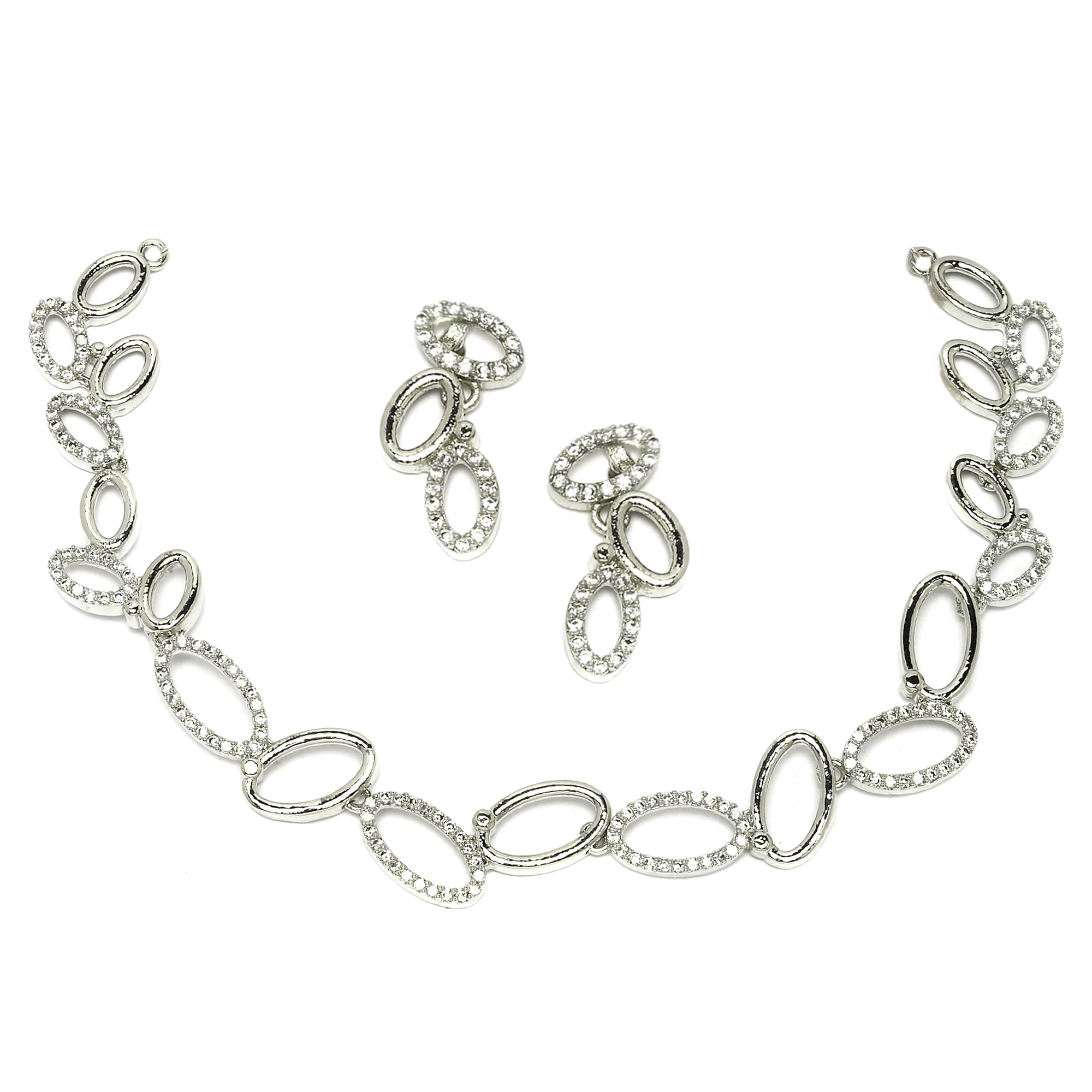 ZENEME Gold-Plated White American Diamond Studded Oval Shaped Necklace With Earrings Jewellery Set For Girls and Women (Silver) (B0CH9N7WC2) Amazon Price History, Amazon Price Tracker
