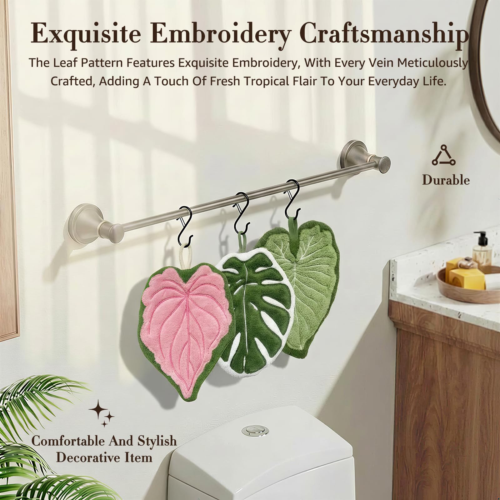 Sisher 3 Pack Leaf Shaped Hanging Kitchen Towels with S Hanging Loop,Cute Coral Fleece Tropical Plant Hand Towel, Absorbent, Quick-Drying, and Lint-Free,for Bath/Kitchen/Living Room(Green+Pink+White) - 3