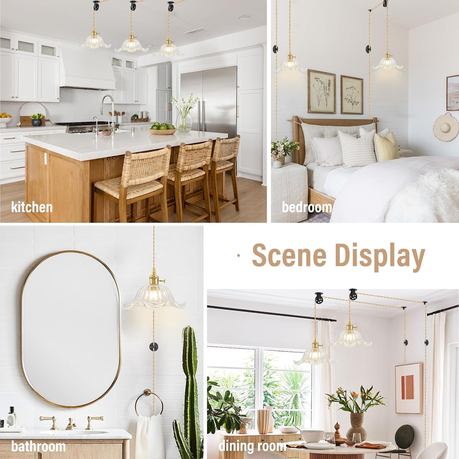 Plug in Pendant Light Vintage, Adjustable Pulley Hanging Lamp with Transparent Lily Glass Shade, Brass Hanging Lights with Plug in Cord for Kitchen, Compatible with Indoor Plant Grow Light Bulbs