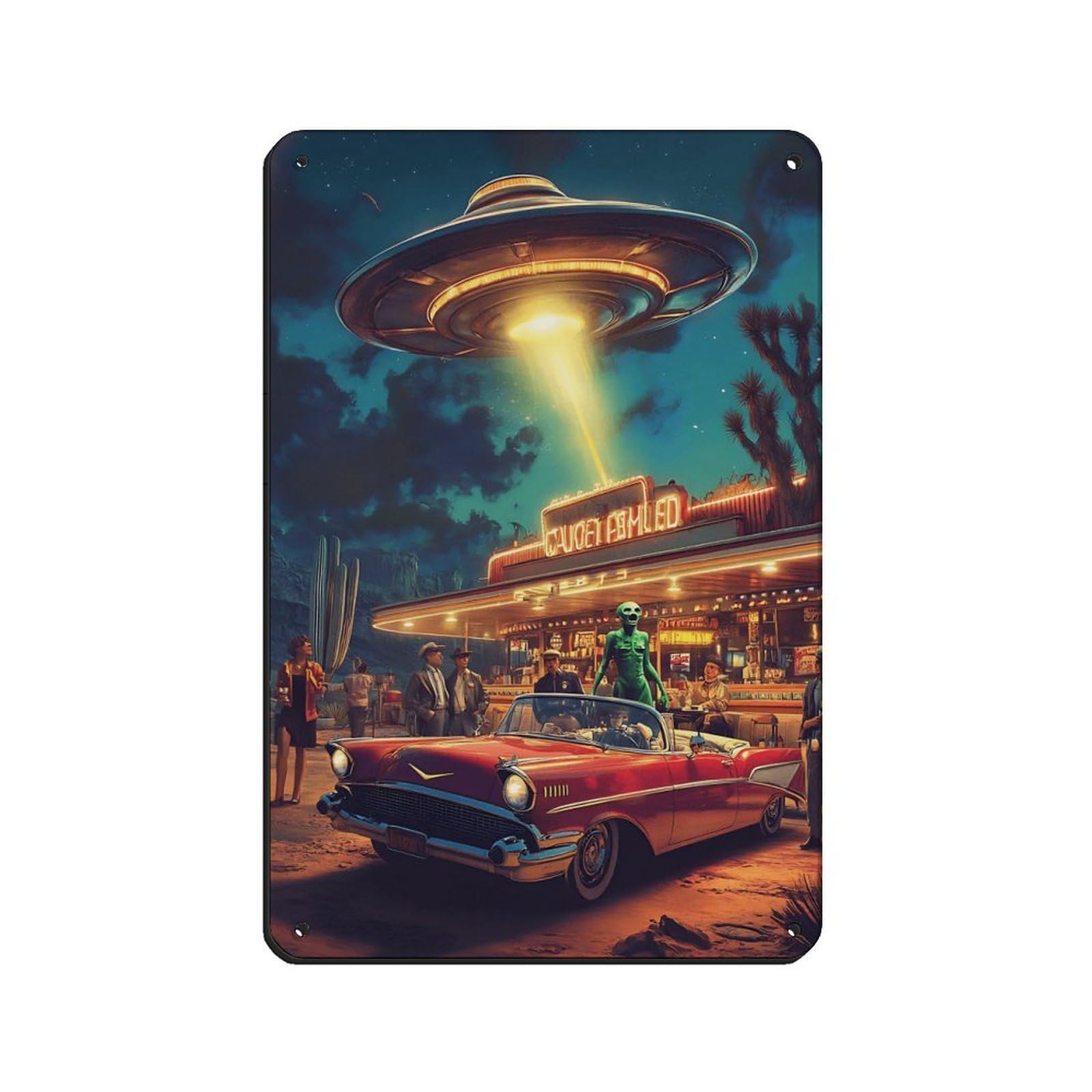 Retro UFO Diner,Vintage Alien Encounter Retro Poster Metal Tin Sign Chic Art Retro Iron Painting Bar People Cave Cafe Family Garage Poster Wall Decoration 8x12inch(20x30cm)