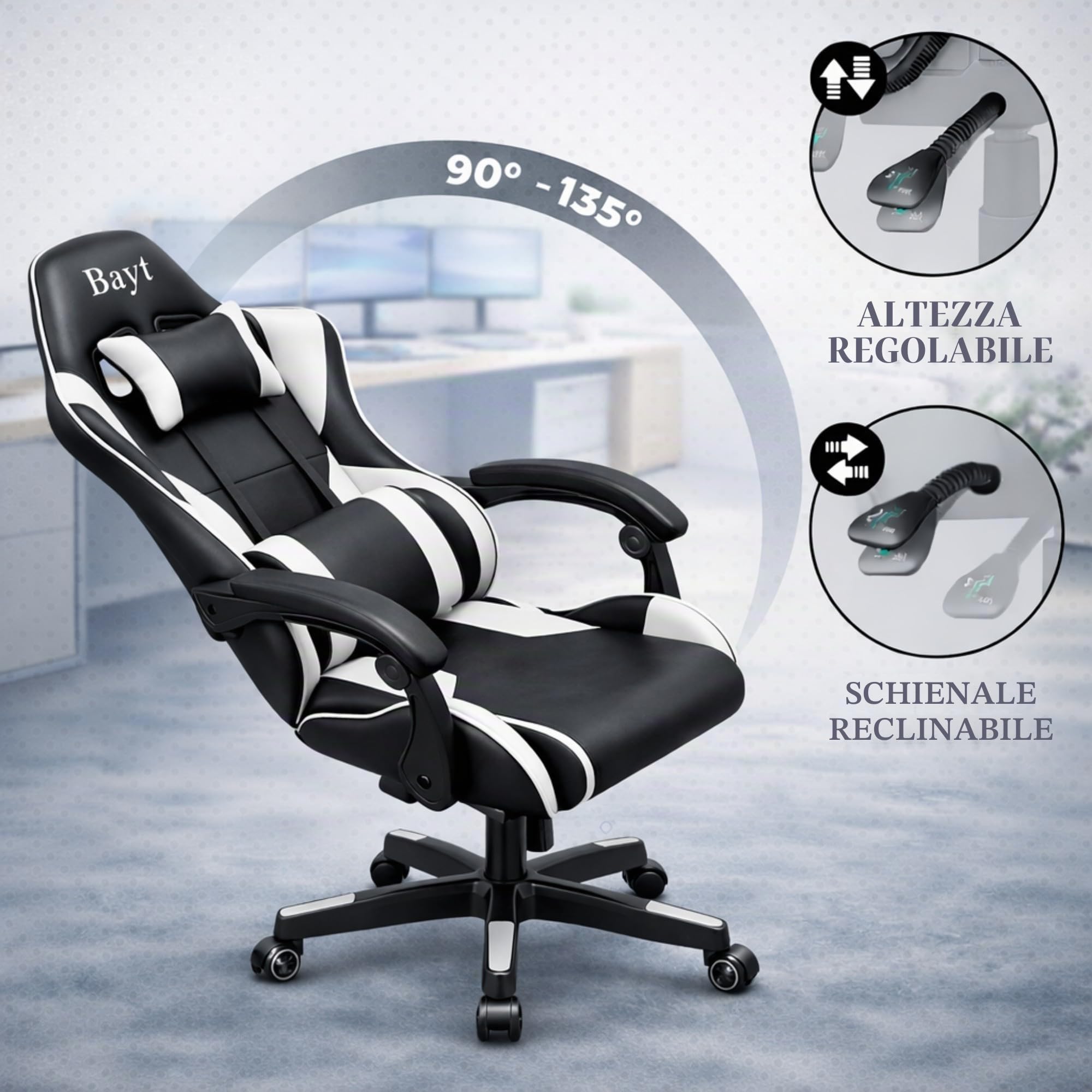 Bayt Sedia Gaming - Sedia Scrivania Ufficio Reclinable in Similpelle, Poltrona PC Racing con Supporto Lombare e Poggiatesta, Altezza Regolabile e Braccioli, Nero/Bianco