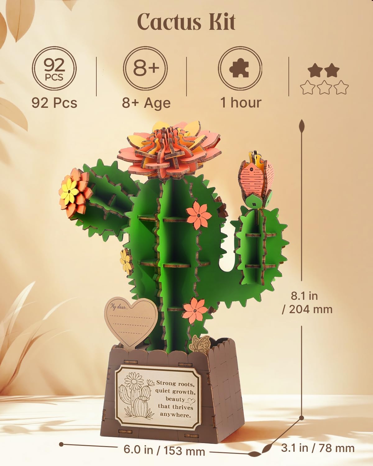 3D Puzzles for Adults, Cactus DIY Wooden Flowers Building Kit | Artificial Flowers Craft for Adults- 3D Floral Puzzle Home Decor Birthday Gifts for Women Mothers Day Thanksgiving Christmas