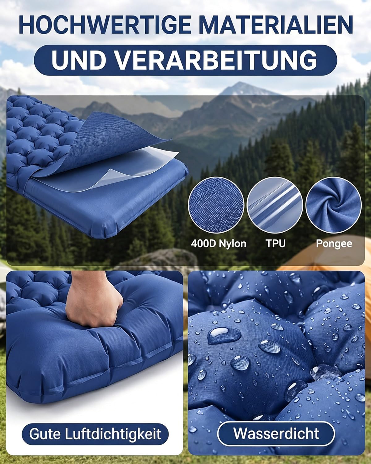 Isomatte Camping für 2 Personen, Verdicktes Aufblasbare Luftmatratze mit Fußpumpe & Kissen, 40D-Nylon Wasserdicht Camping Matratze Aufblasbar, für Reise, Outdoor, Kleines Packmaß, 200 x 125cm(Blau)