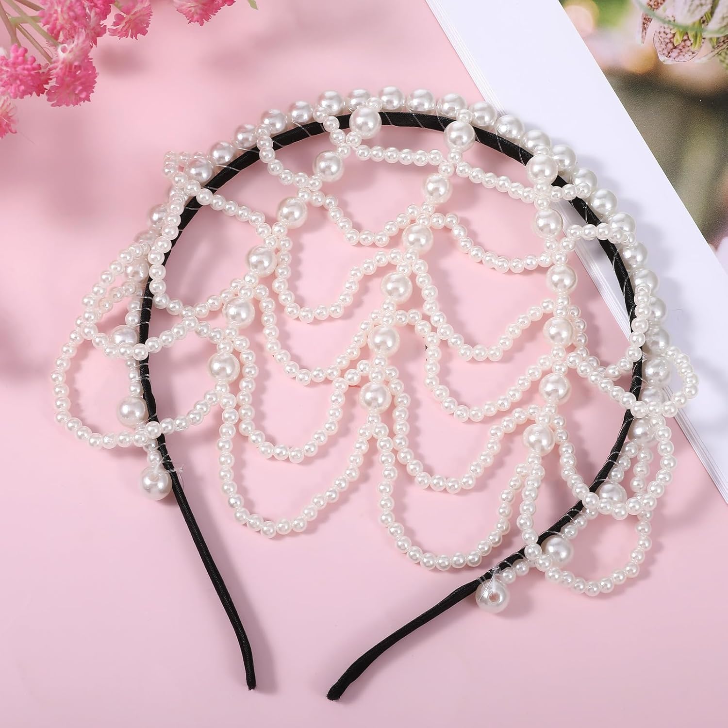 1920s Pearl Headpiece White Pearl Cap Headpiece Roaring 20s Headbands for Women Pearls Beaded Cap Head Piece Head Chain Hair Accessories, for Wedding Bridal Cosplay Halloween Art Decor Party - Image 7