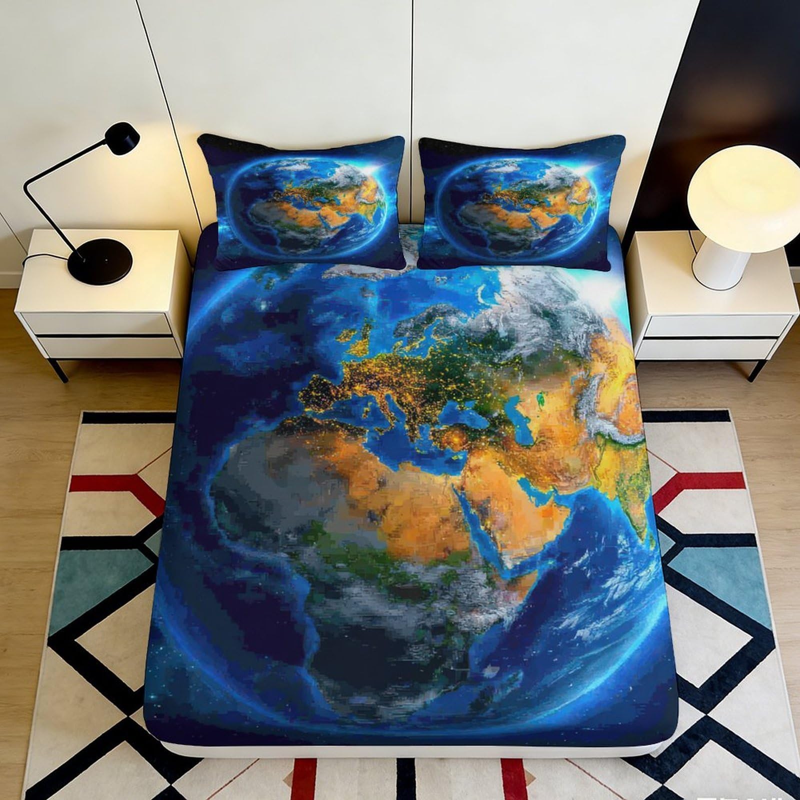3D Printed Earth Map Fitted Sheet Microfiber Soft Breathable World Globe Bed Cover for Bedroom Guest Room Decor 90x200x25cm