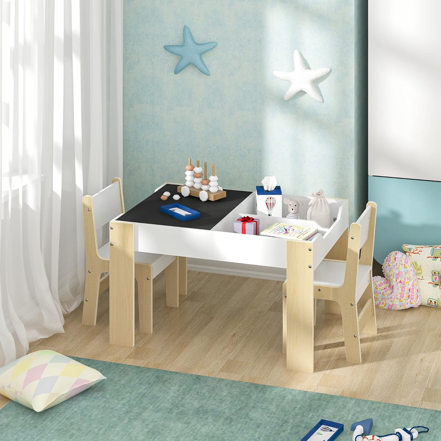 Lestarain Kindertisch mit 2 Stühlen, Kindertisch mit Stauraum, Maltisch für Kinder, Kindersitzgruppe mit wendbarer & abnembarer Tischplatte, Kindermöbel Set für Kinderzimmer Kindergärten, Weiss