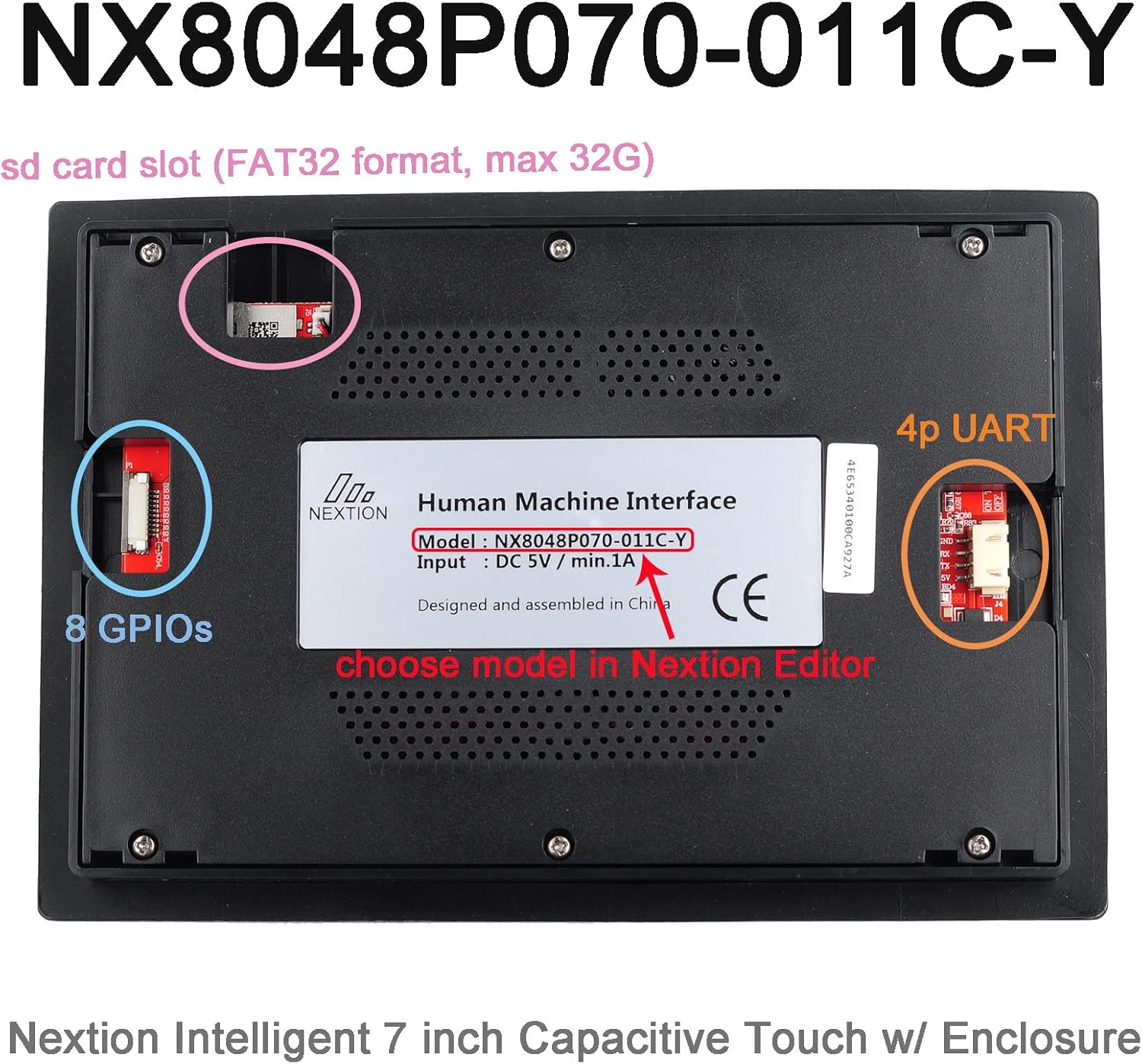 Nextion Intelligent 7 inch HMI Display 5V Capacitive Touch Screen 800x480 TFT LCD w/Enclosure Case for Arduino (NX8048P070-011C-Y)