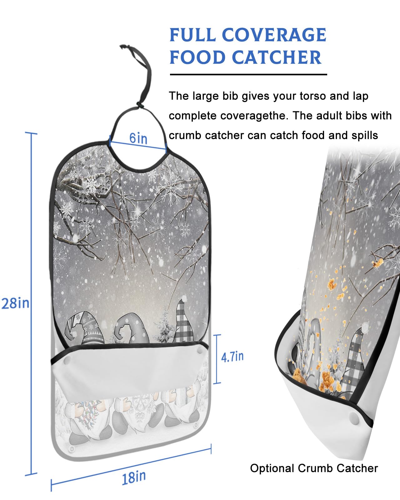 LEOKOTI Grey Gnomes Christmas Adult Bibs for Eating, Waterproof Bibs with Food Catcher & Adjustable Snap Closure, Xmas Tree Winter Snowflake Washable Clothing Protectors Adult Bibs for Elderly