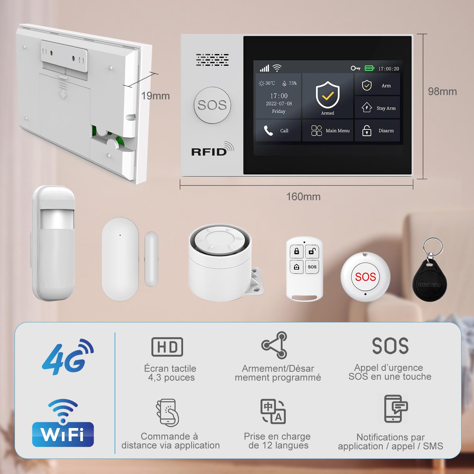 XUK Systeme Alarme Maison sans Fil – sans Abonnement ni Frais Mensuels – Kit Alarme Maison Complet avec Écran Tactile, Détecteur de Mouvement, Détecteur d’Ouverture, Sirène – Works with Alexa