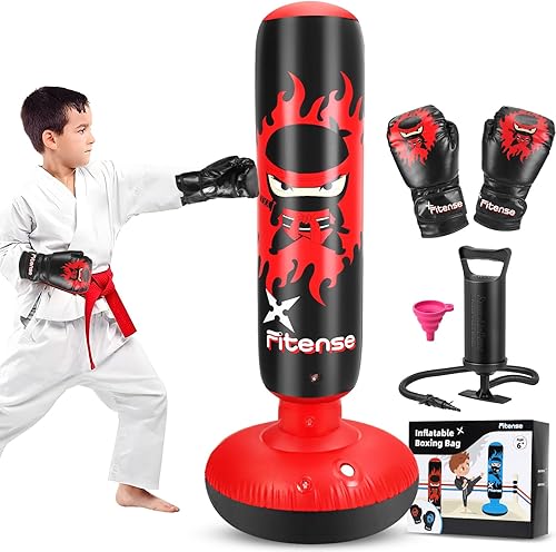 Saco de boxeo para niños, saco de boxeo inflable de 63 pulgadas con bomba de aire manual y guantes, bolsa de boxeo para niños y niñas de 6 a 12