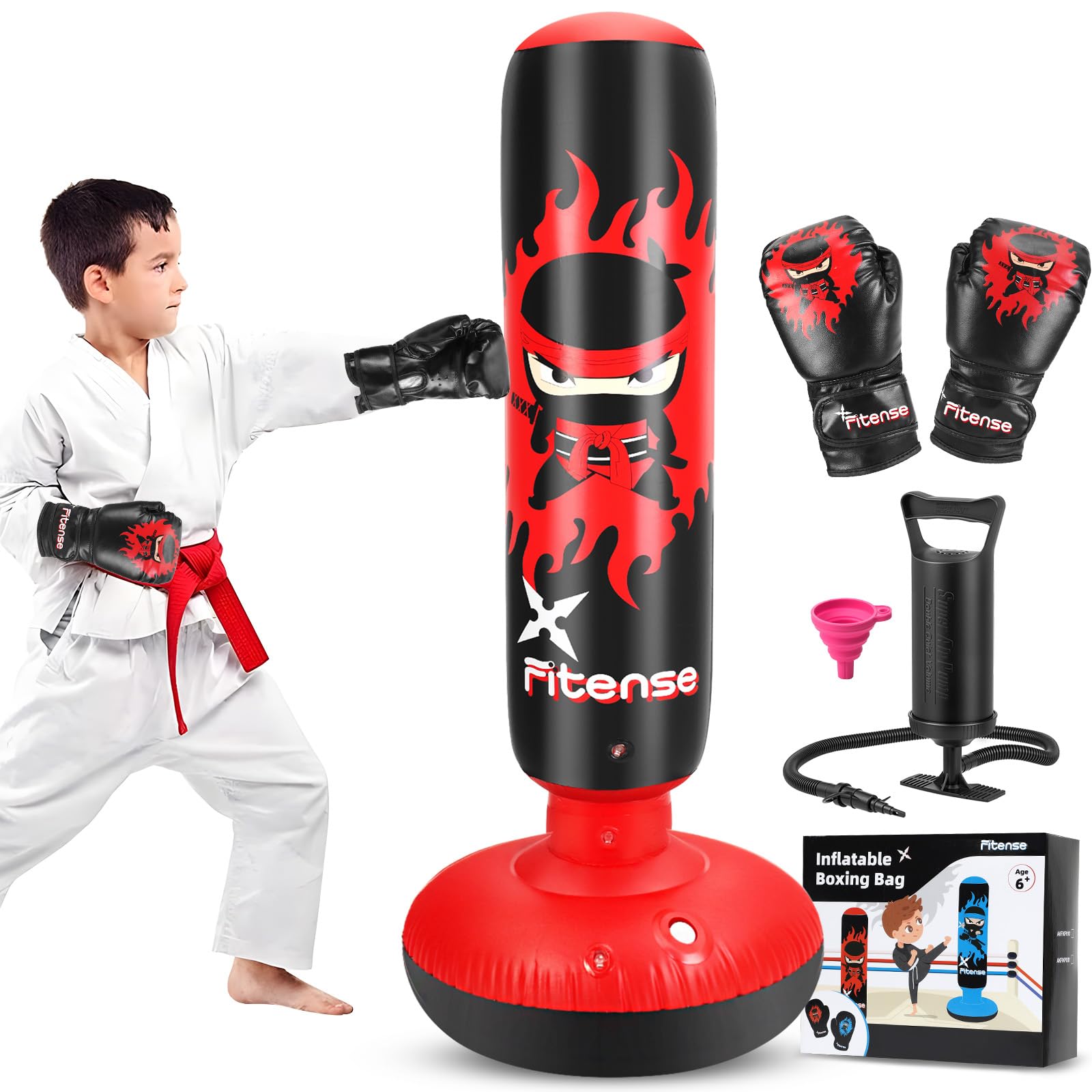 Fitense Saco de Boxeo Niños, 160cm Boxeo Saco Inflable con Guantes y Bomba, Punching Ball Estable para Niños y Niñas, Set Regalo Saco de Boxeo de Pie para Práctica de Karate, Taekwondo, MMA,Rojo Ninja