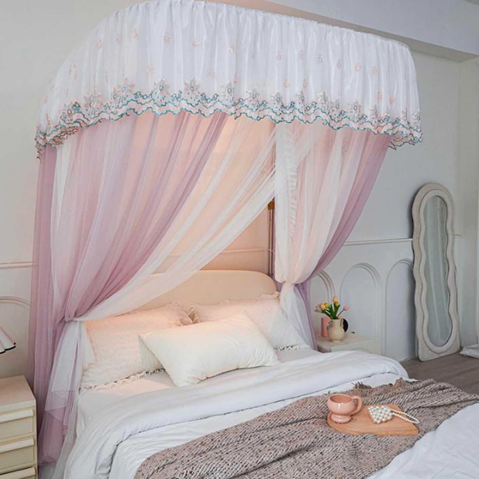 Generico Lussuosa zanzariera Rosa a baldacchino per Letto, con Doppia Decorazione a Volant, in Rete e Tessuto, Perfetta per arredare la Camera da Letto, 150x200 cm, Elegante Protezione dagli Insetti.