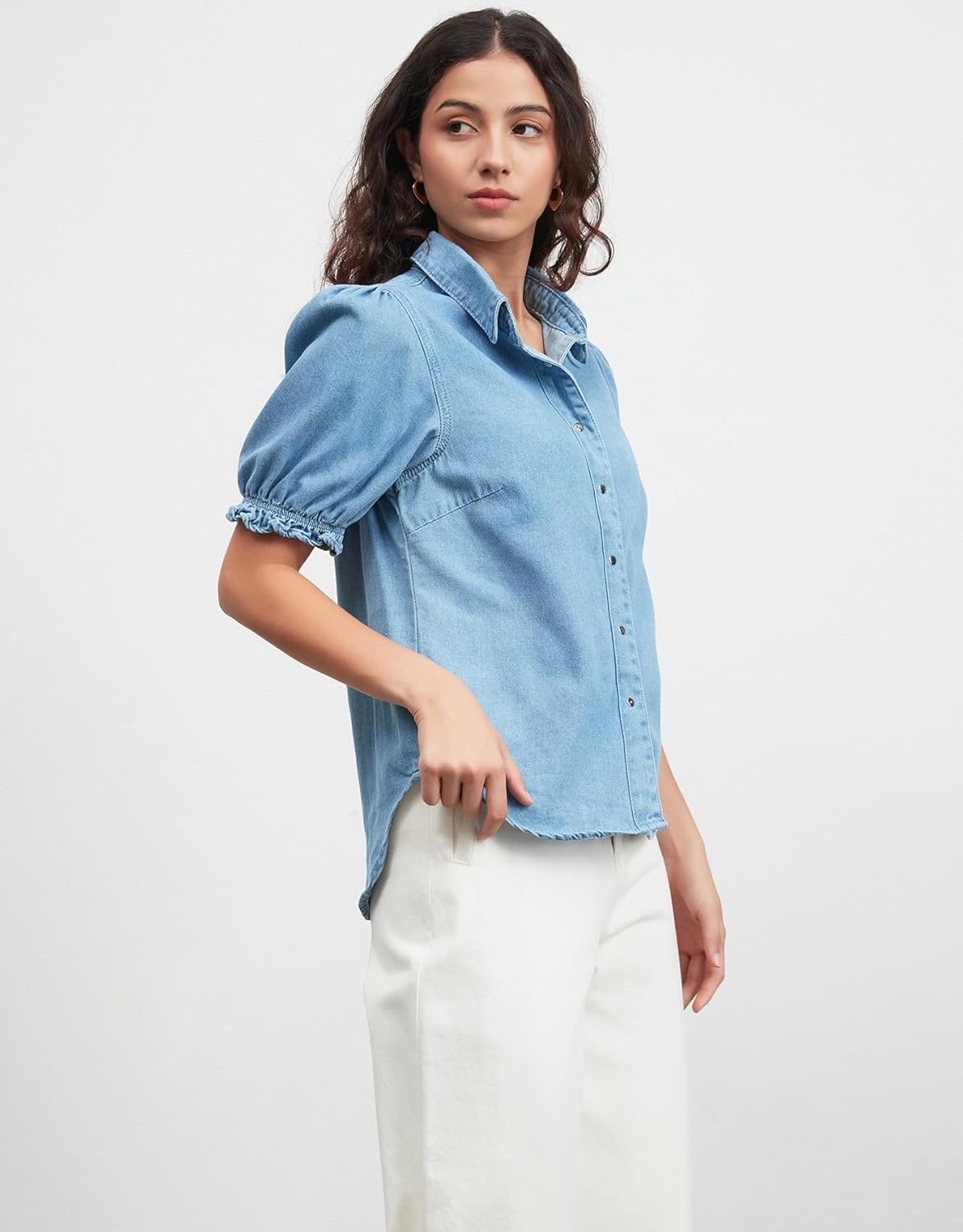 Ladyful Womens Denim Shirt Button Down Puff Short Sleeve Jean Work Blouses Chambray Babydoll Summer Tops - Image 7