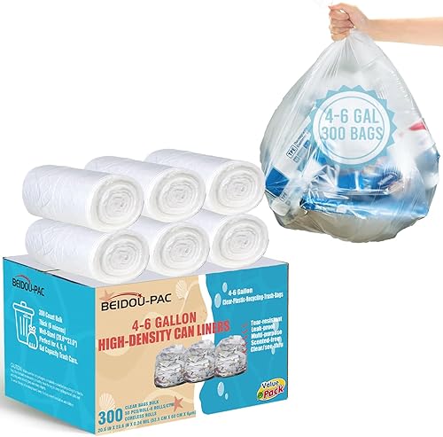 Miniatura 1 de BEIDOU-PAC Bolsas de basura de 4 a 6 galones, 300 unidades a granel, bolsas de reciclaje de plástico transparente, bolsas de basura multiusos para