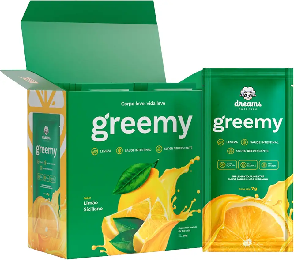 Greemy Green Juice - Suco Verde em Pó Concentrado em Sachê - Blend de Vegetais, Fibras e Enzimas Digestivas (Limão siciliano)