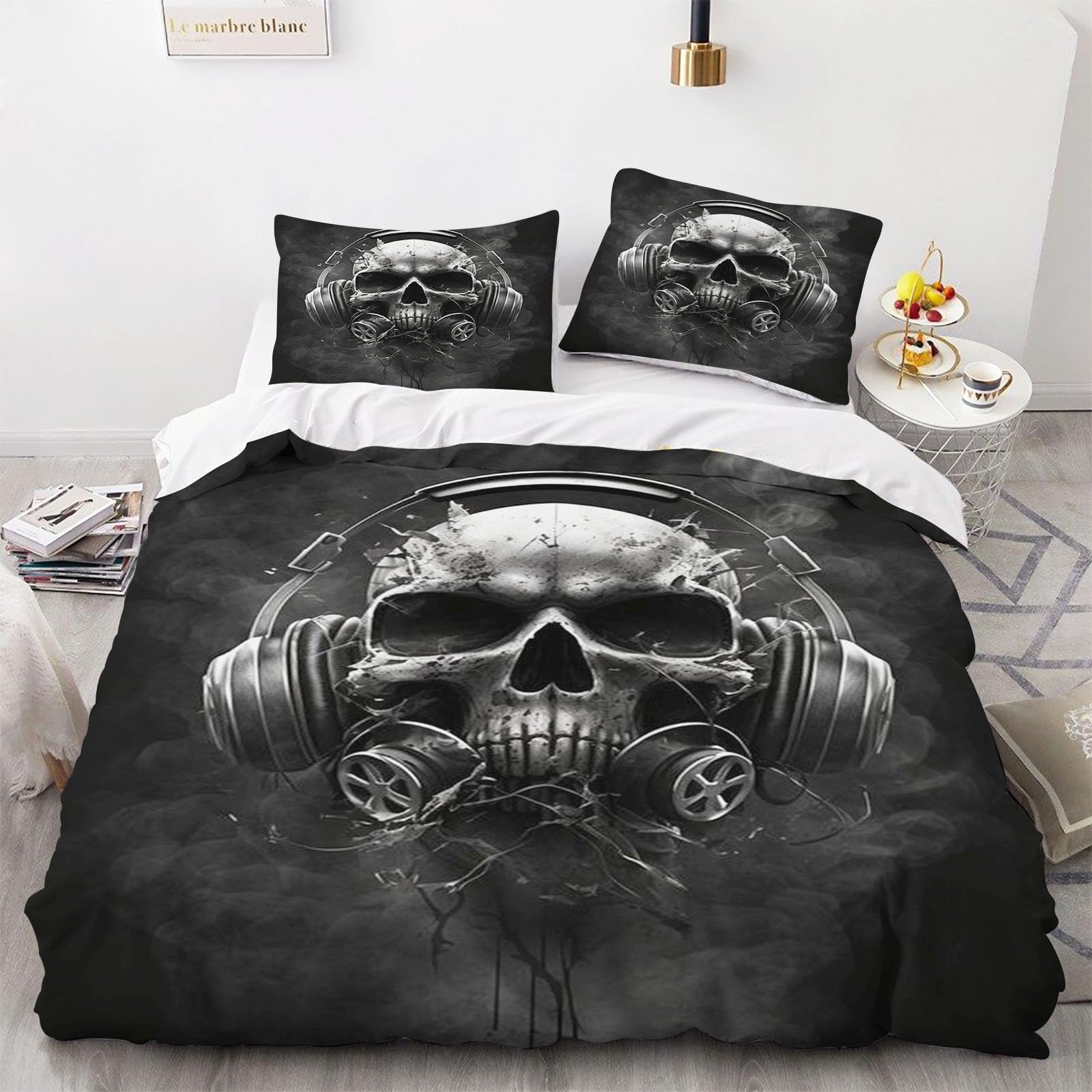 KIDSLOVE Komplet pościeli 135 x 200 cm, czaszka, styl gotycki, zestaw pościeli dla dzieci, dziewczynek, czaszka i kwiaty, miękka mikrofibra, z poszewkami na poduszki (8, 220 x 240 cm, 50 x 75 x 2)