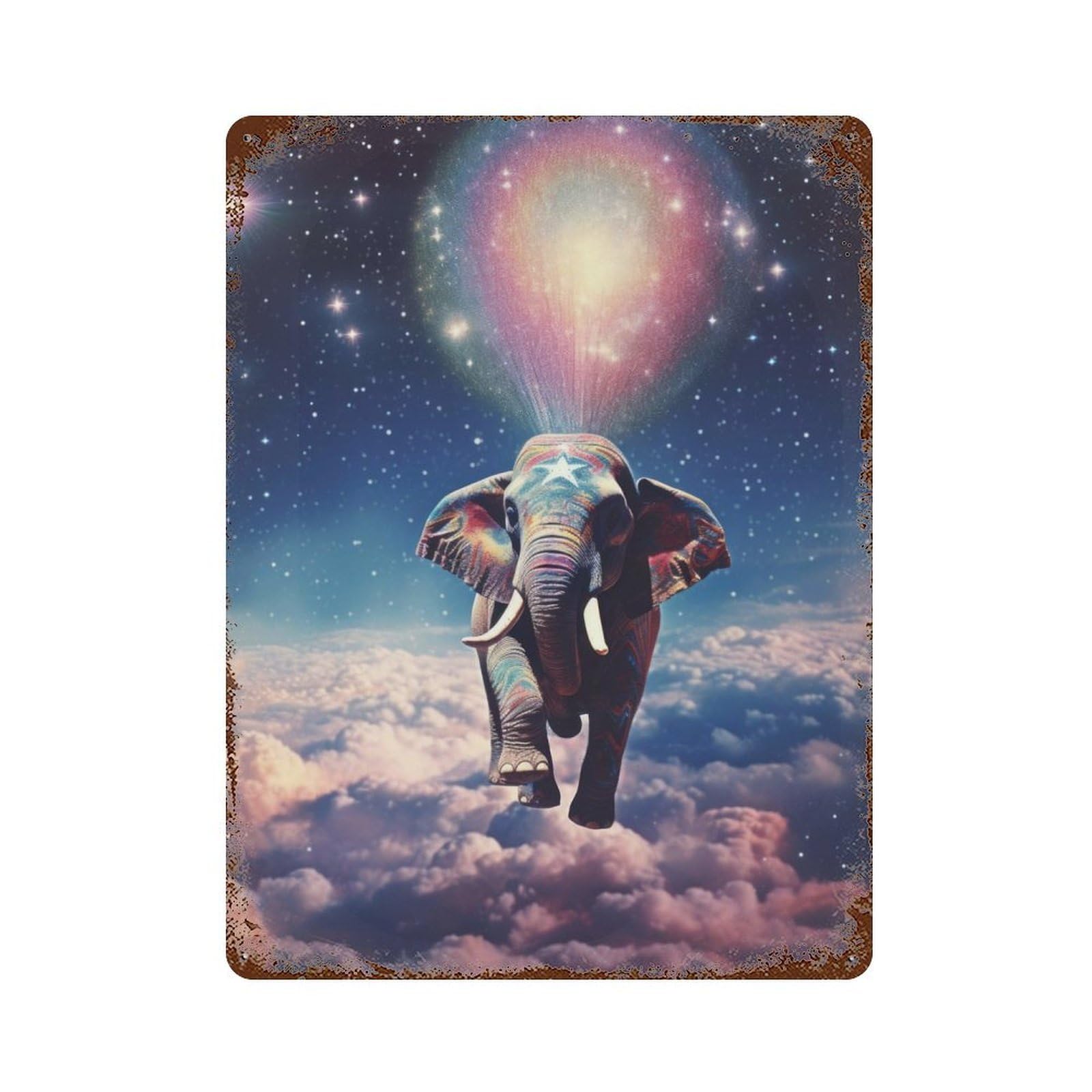 Elephant Flying in Space 15.7"x11.8" Aged Metal Wall Plaque, Retro Wall Decor for Farmhouse, Kitchen And Entryway Decor