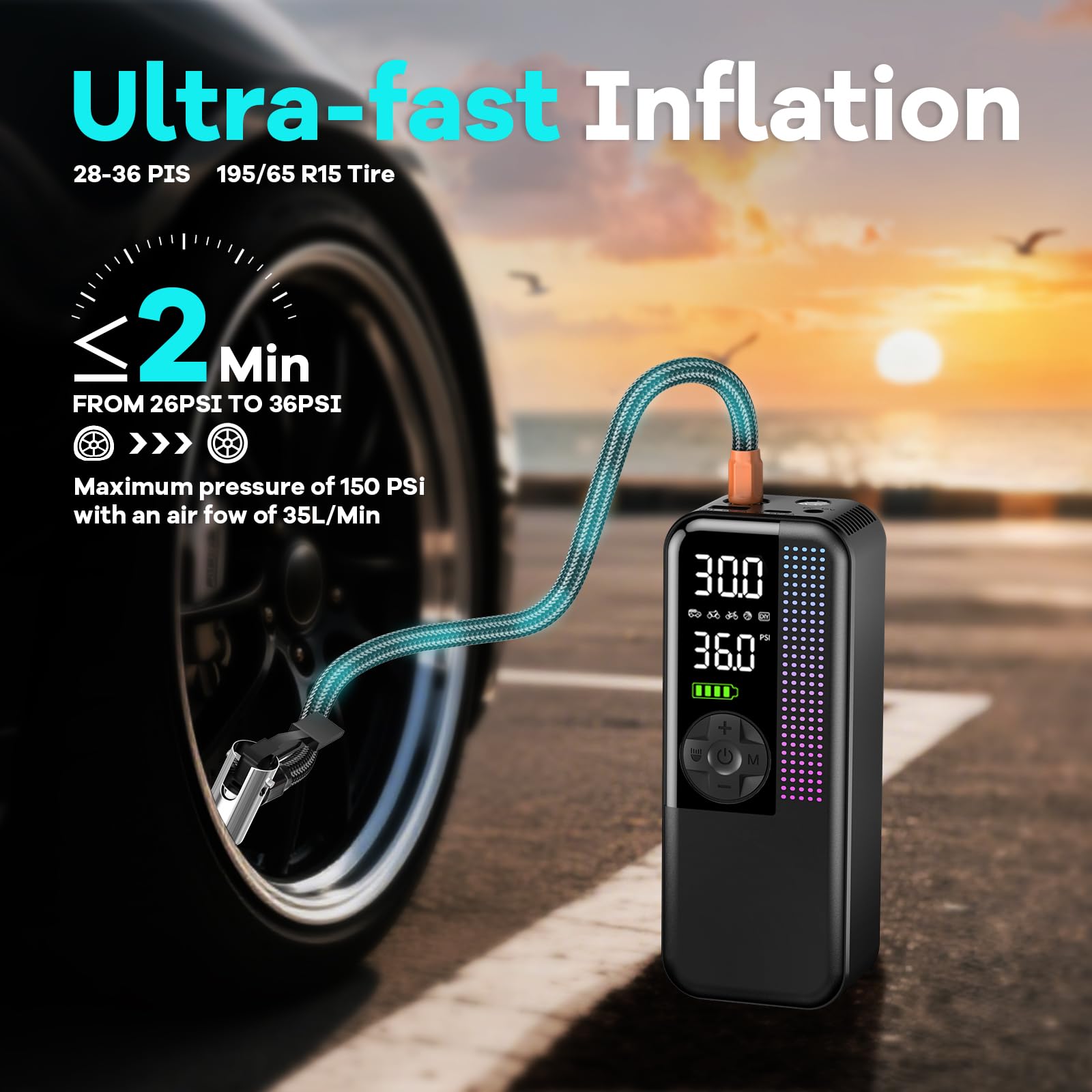Tire Inflator Portable Air Compressor 150 PSI Cordless Air Pump 12V DC Car Plug Dual Power 10000mAh Fast — view 3