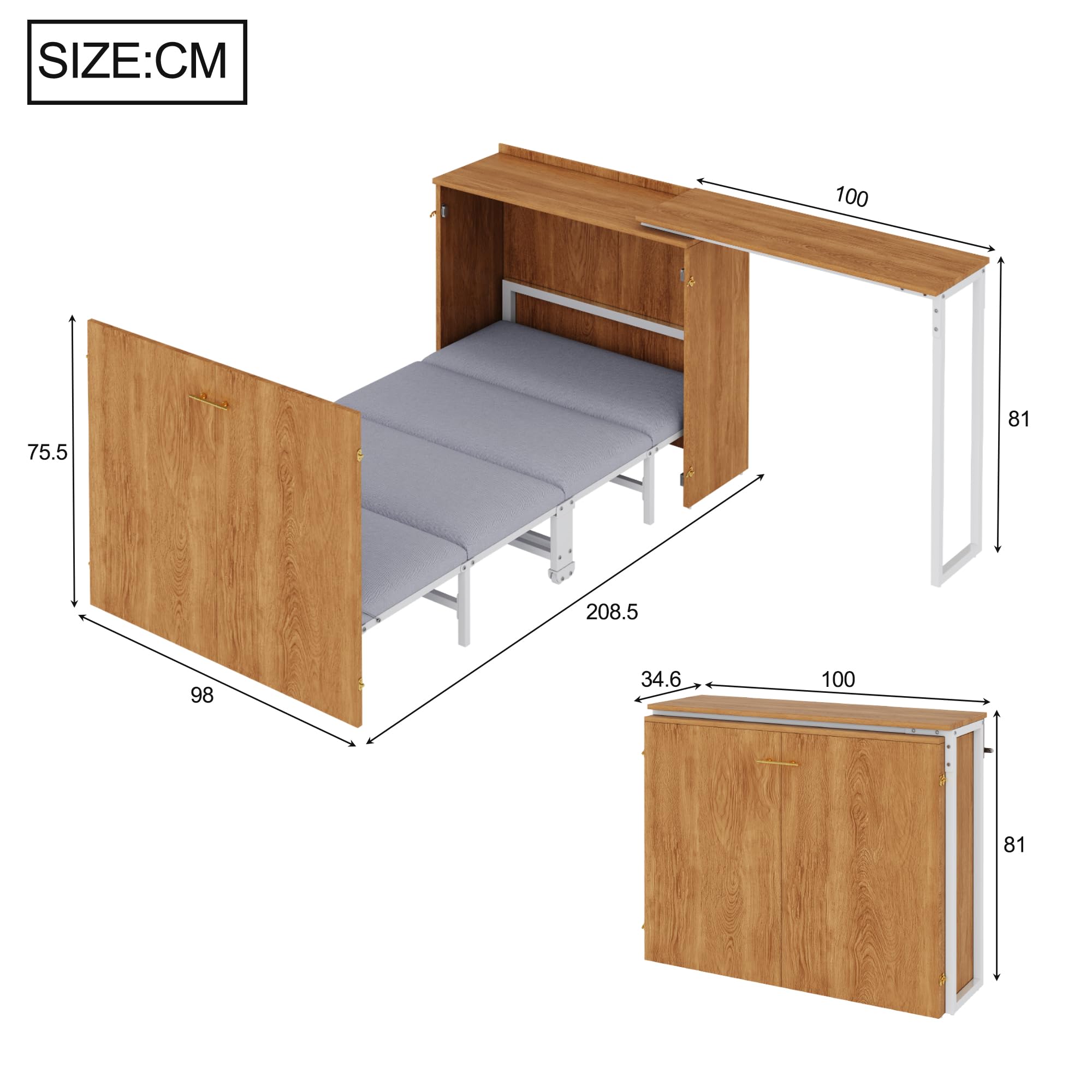 Merax Klappbett 90x200 cm, mit drehbarem Schreibtisch & Matratze, platzsparendes Schrankbett mit Rollen, faltbares Wandbett für kleine Räume, Gästezimmer & Homeoffice, inkl. Matratze