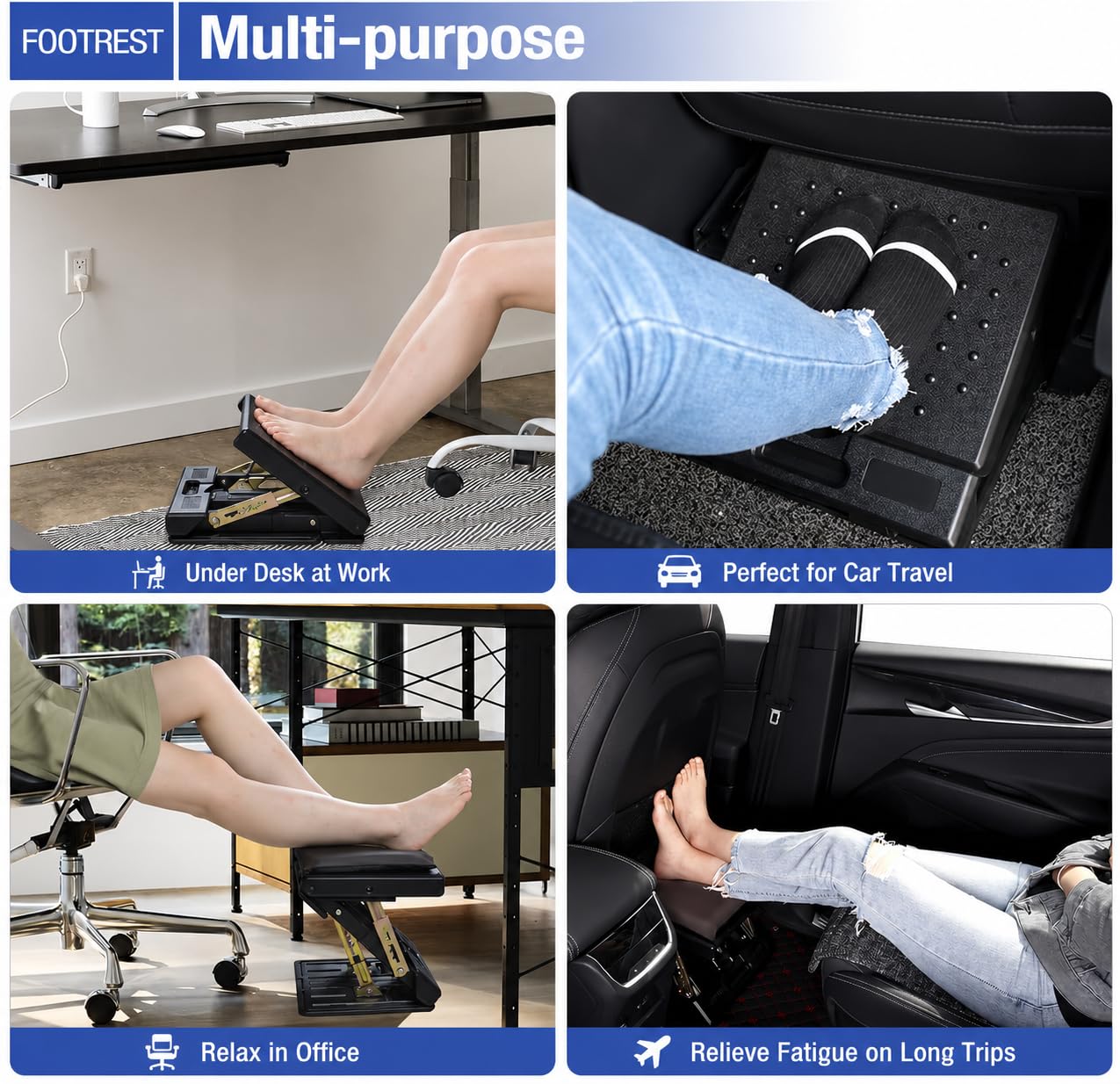 Fußstütze für unter dem Schreibtisch bei der Arbeit, 4-stufig höhenverstellbar, ergonomisch, faltbar, Fußstütze für Büro, Gaming, Computer, weiche und abnehmbare Unterlage