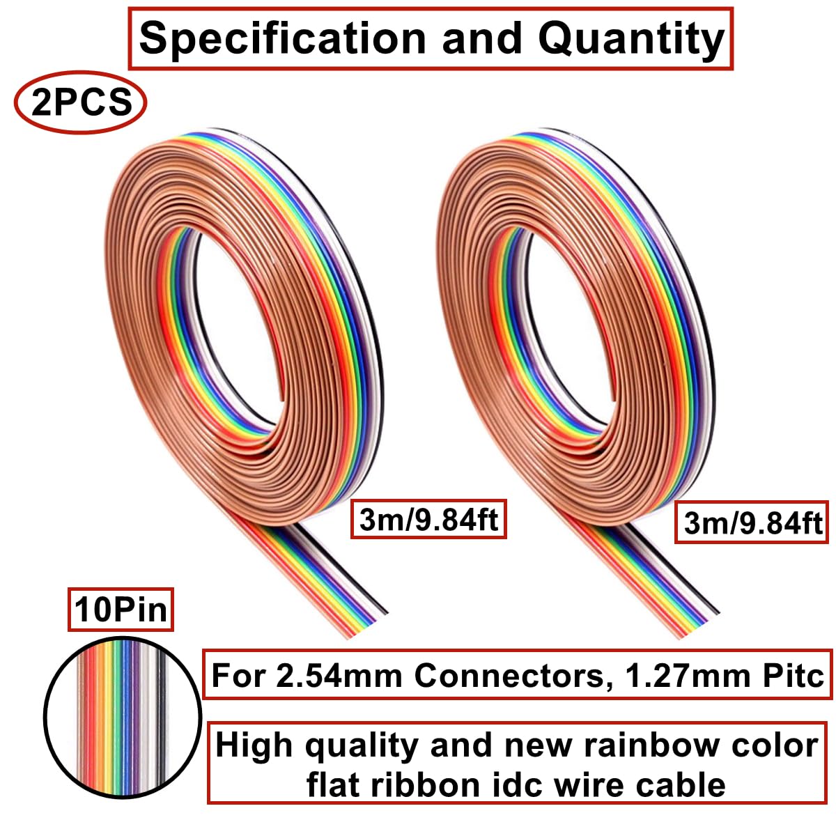 HUAZIZ Flachbandkabel Regenbogen – 2 Rollen à 3 M, 10-polig, 1,27 Mm Raster, 28 AWG, Für IDC-Stecker 2,54 Mm
