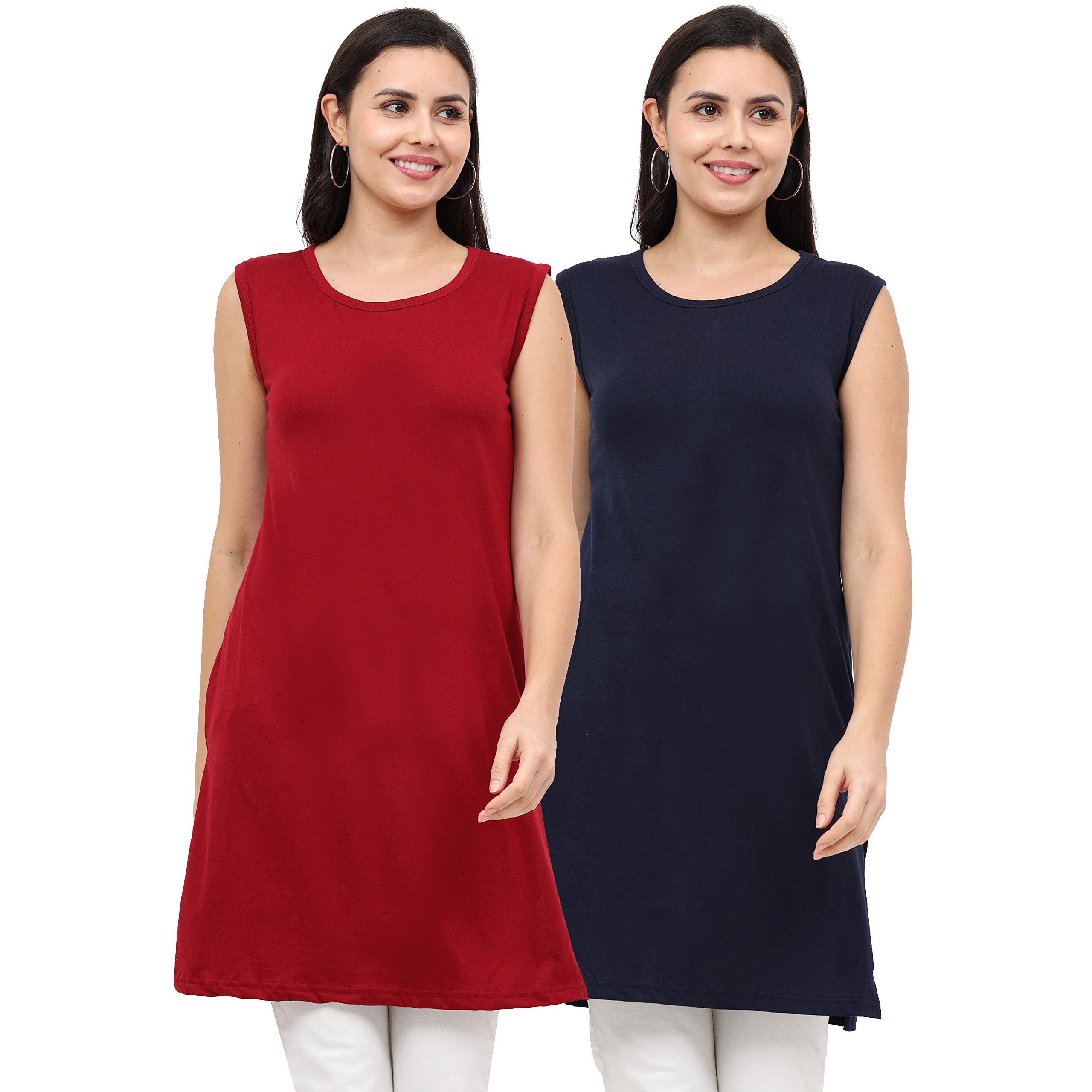 fleximaa Women's Cotton Plain Round Neck Sleeveless Maroon & Navy Blue Color Long Top 4XL Size - (Pack of 2)-picture-18