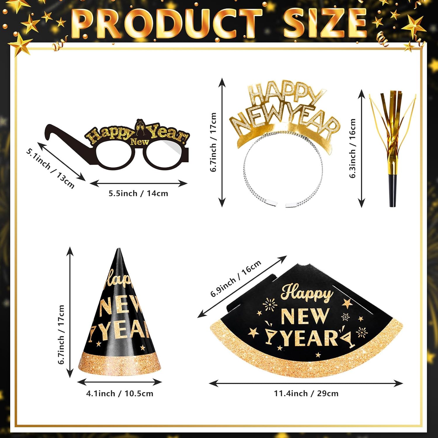 New Years Eve Party Supplies 2026 48 PCS Happy New Years Decoration Hats Glasses Headband for 2026 Party Props Festival Decorations Count Down NYE Party Supplies Favors (Black-2) - Image 3