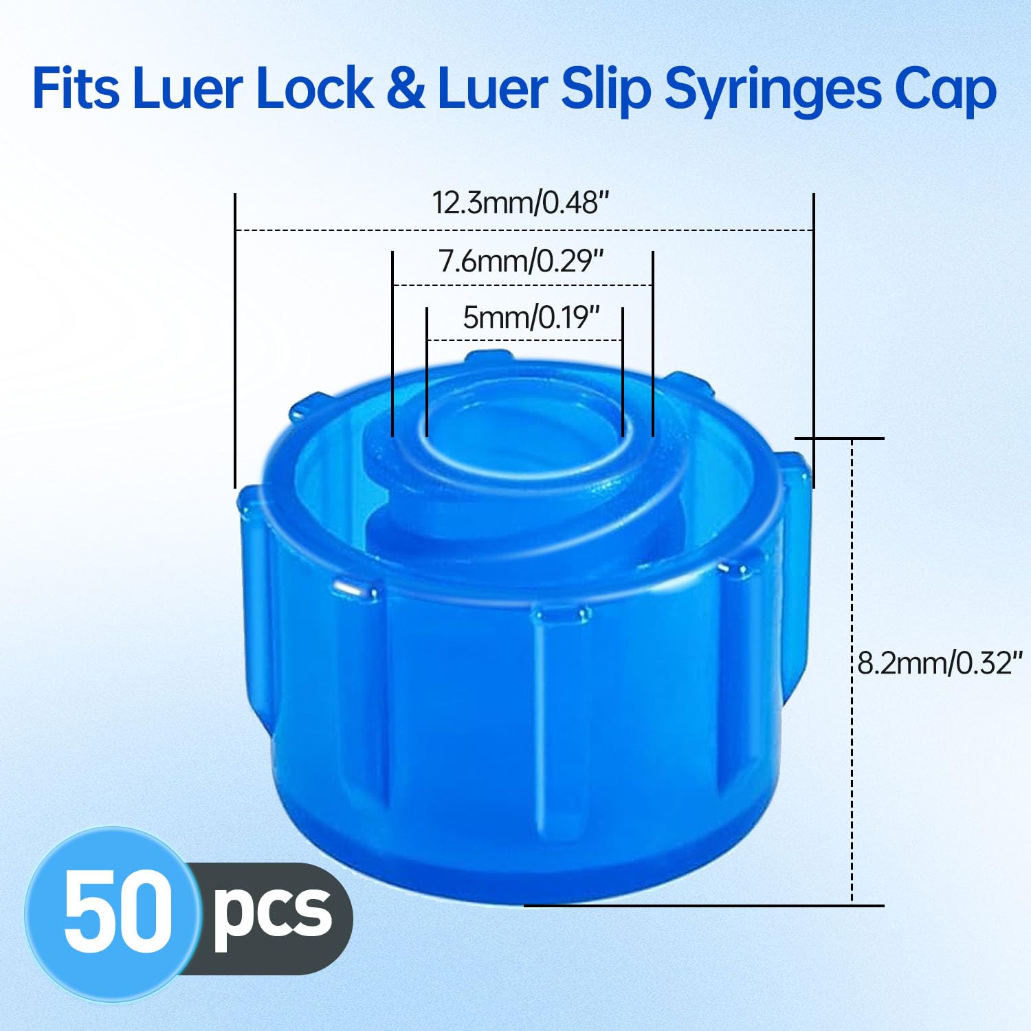 50 Pcs Syringe Tip Caps with Storage Box - Fits Luer Lock & Luer Slip Syringes Cap, Easy Dispensing for Feeding Tubes & Lab Use, Non-Sterile, Blue