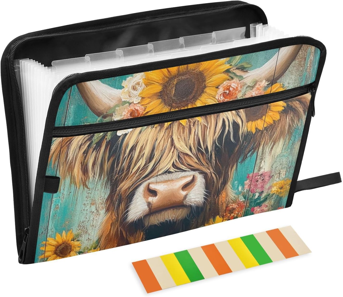 Cow and Sunflowers Expanding Filing Folder, 13 Pockets Expandable Document Organizer Folder with Zipper Closure for Home Office A4 Letter Size Paper Document