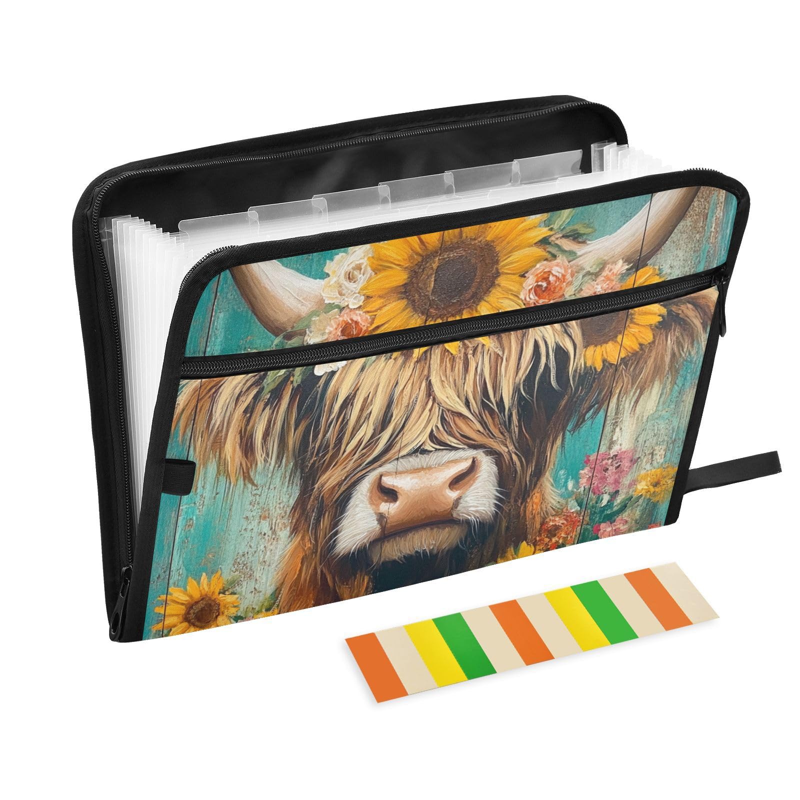 Cow and Sunflowers Expanding Filing Folder, 13 Pockets Expandable Document Organizer Folder with Zipper Closure for Home Office A4 Letter Size Paper Document